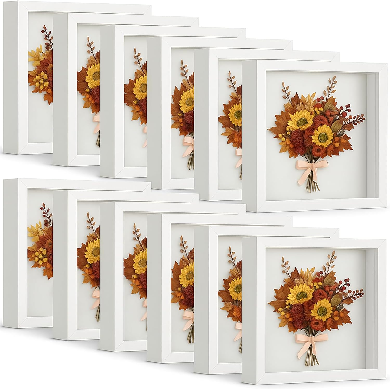 Tuanse 12 Pcs Shadow Box Bulk Display Case Plastic Shadow Box Picture Frame for Photos Flower Wedding Bouquets Pet Memorial Graduation Object Butterfly Tickets Wall Tabletop(8 x 8 Inch, White) White 8 x 8 Inch