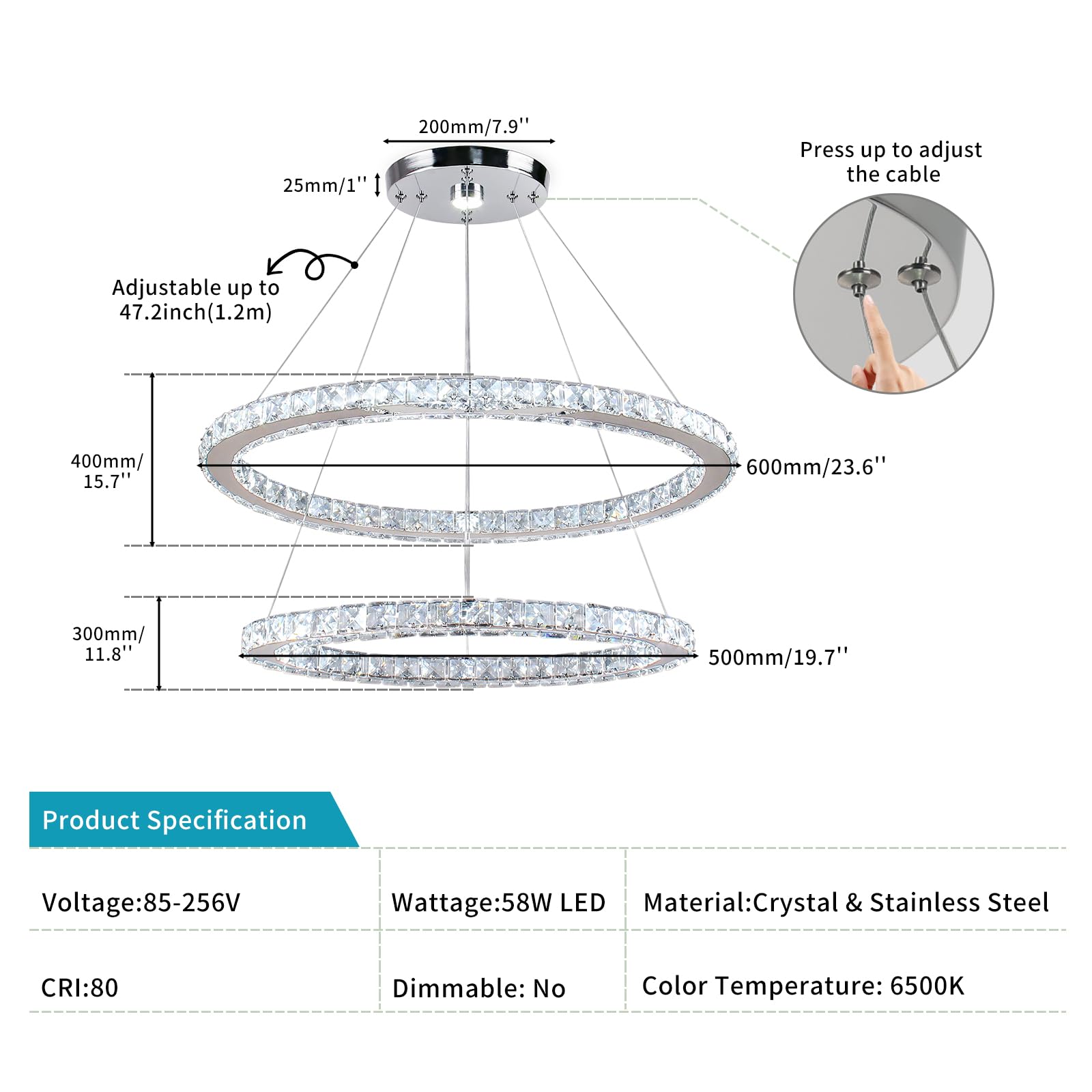 Lampadario Ovale in Cristallo da 60 cm, Lampada a Sospensione LED a 2 Anelli Bianca Fredda Illuminazione per Soffitto per Isola Cucina Sala da Pranzo Soggiorno e Camera da Letto