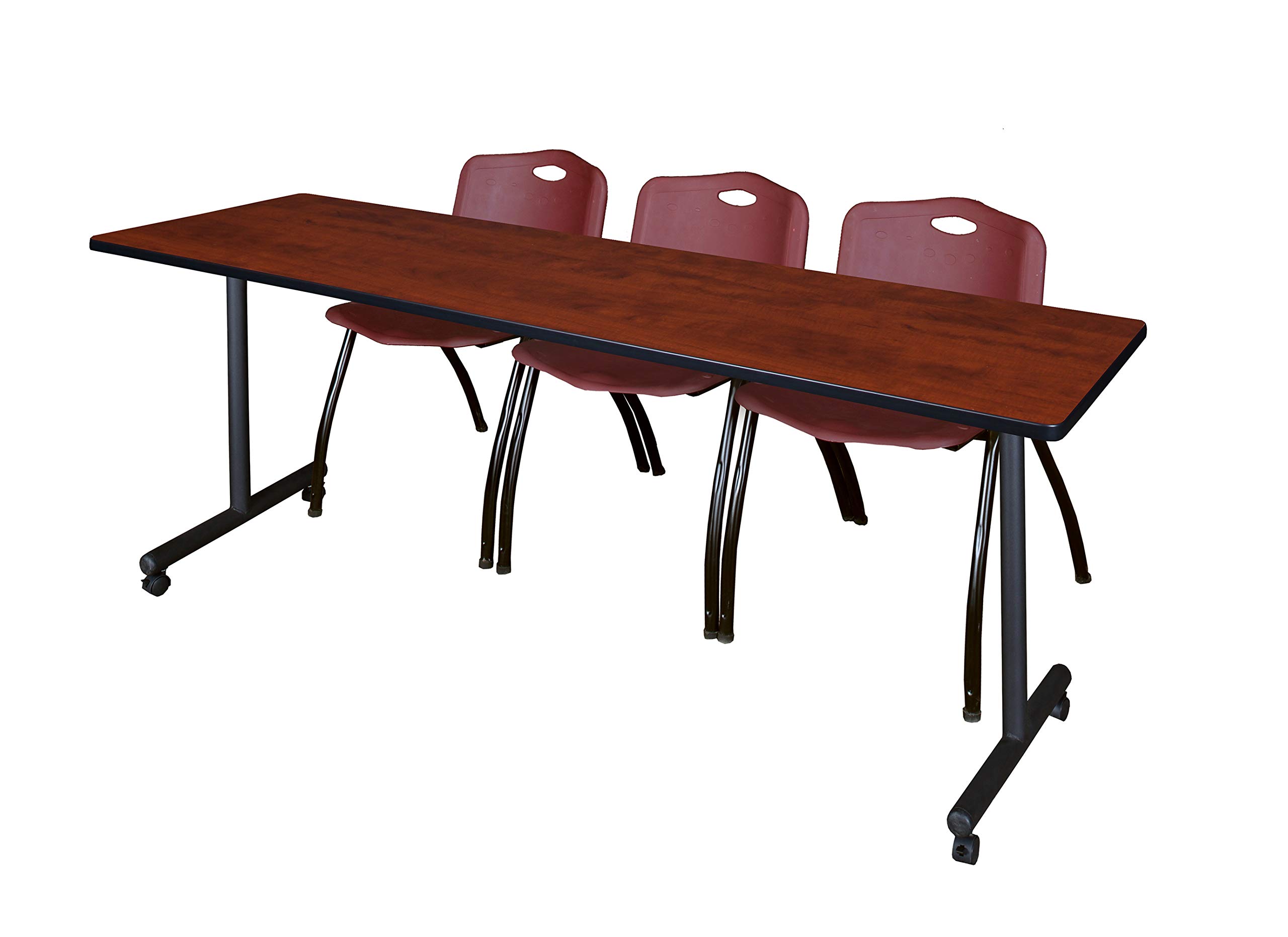 Romig Axis-Pro 84 x 24 in. Mobile T-Base Training Table- Cherry, 2 M Stack Chairs- Burgundy
