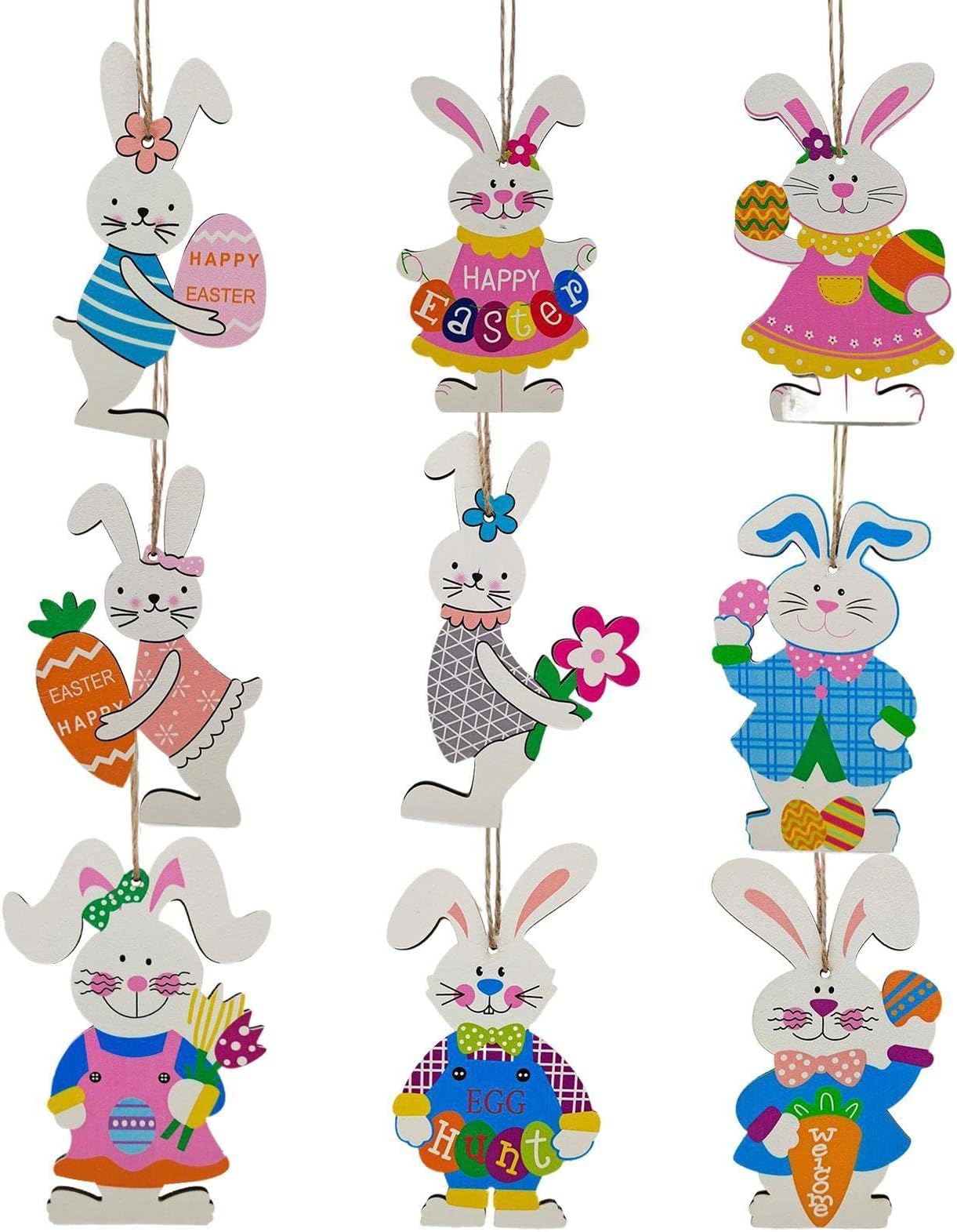 Easter Wooden Ornaments, 9PCS Easter Bunny Ornaments, Easter Wooden Hanging Door Sign, Easter Rabbit Hanging Tags, Easter Bunny Slices For DIY Crafts, Pendants For Wall Door Tree Decor