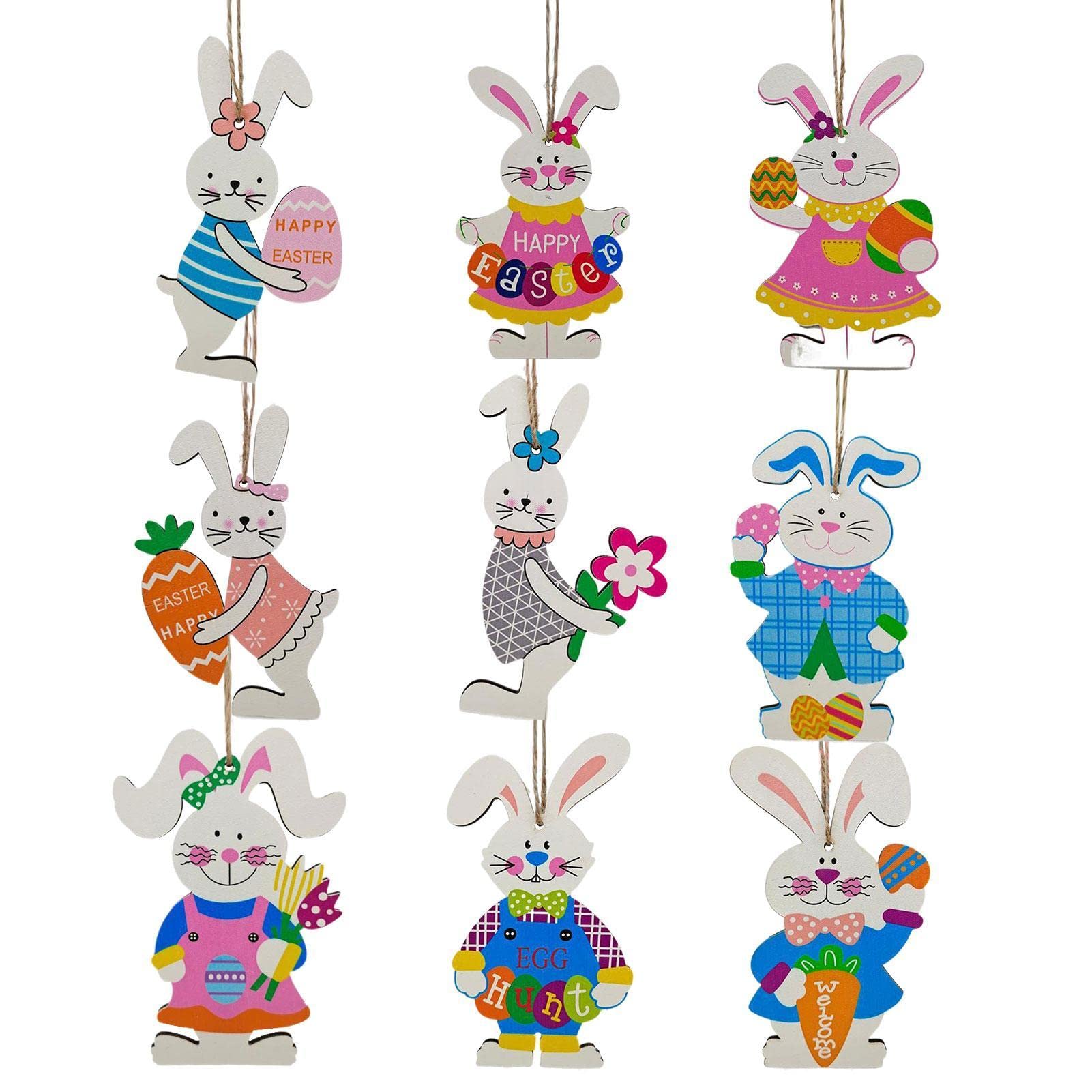 Easter Wooden Ornaments, 9PCS Easter Bunny Ornaments, Easter Wooden Hanging Door Sign, Easter Rabbit Hanging Tags, Easter Bunny Slices For DIY Crafts, Pendants For Wall Door Tree Decor