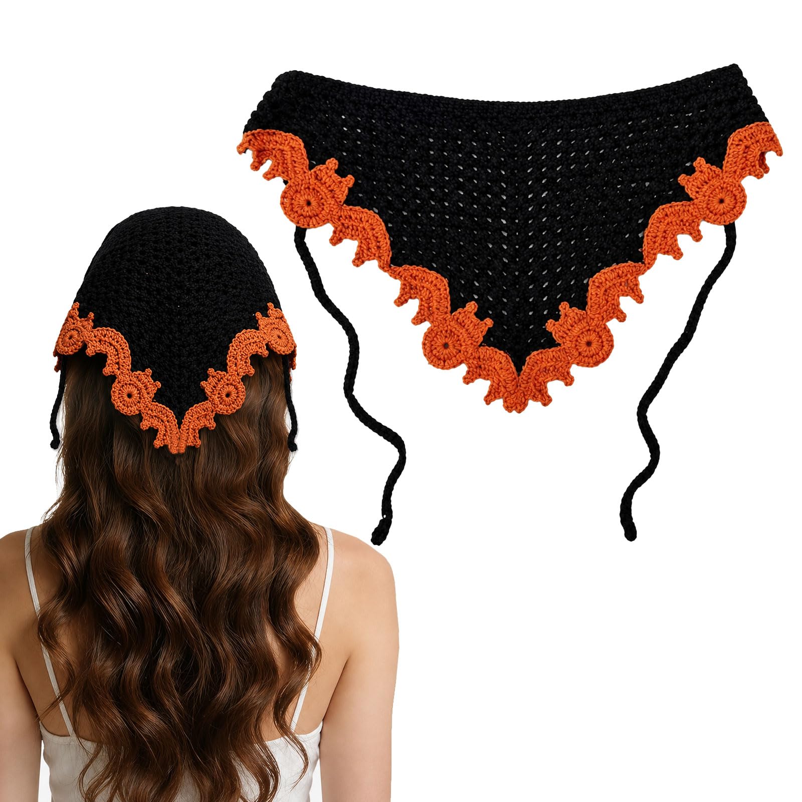 Floruvia Gothic Crochet Headband Bandana For Women, Cotton Triangle Scarf With Bat Pattern, Knitted Headscarf For Halloween Cosplay Vintage Style