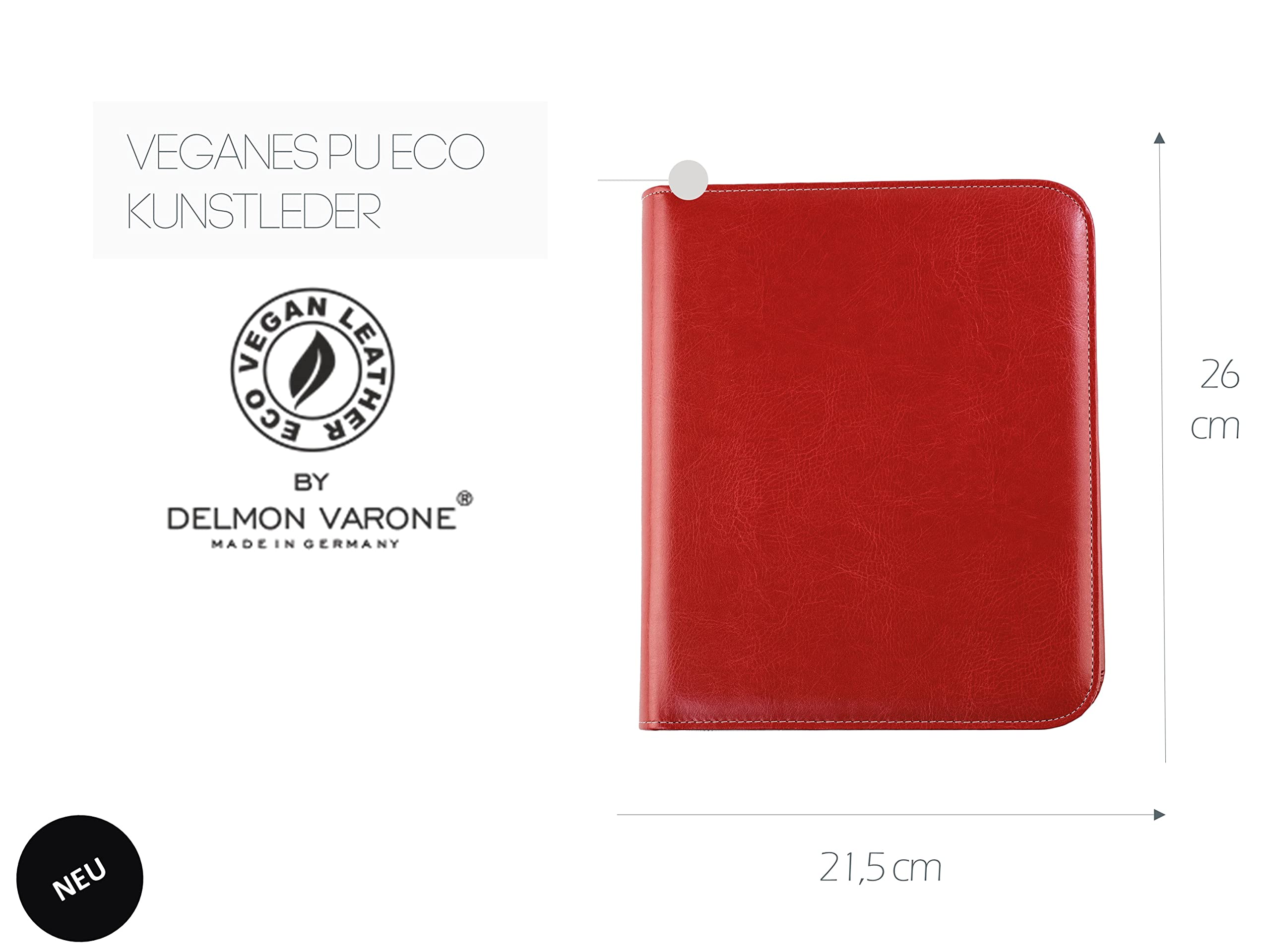 DELMON VARONE - Ringbuch-Ordner DIN A5 mit Reißverschluss inkl. Schreibblock veganem Eco Kunstleder Rot - handgefertigte Dokumenten-Mappe - Ring-Mappe für Dokumente, Urkunden & Akten (zum Abheften)