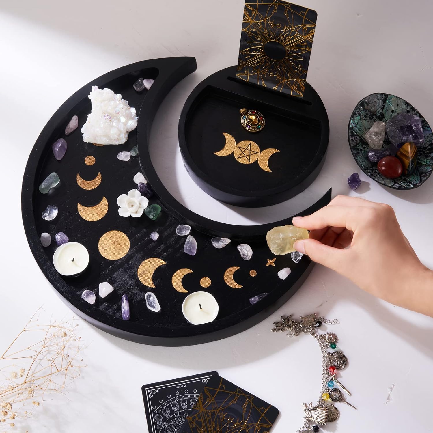 Yougoals Moon Tray Set Crystal Holder for Stones Display, Black Wooden Tray with Round Jewelry Dish, Crystals and Healing Stones Essential Oil Decorative Tray, Gift for Crystal Lovers
