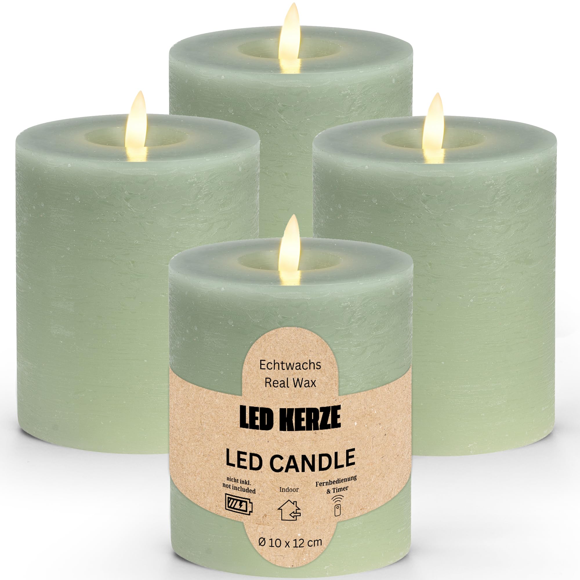 LED Pillar Candles Set of 4 Real Wax with Timer Function Including Remote Control - Candles Realistic Flickering Flame Warm White Diameter 10 x 12 cm - Electric Wax Candles Sage Green as Cosy Table