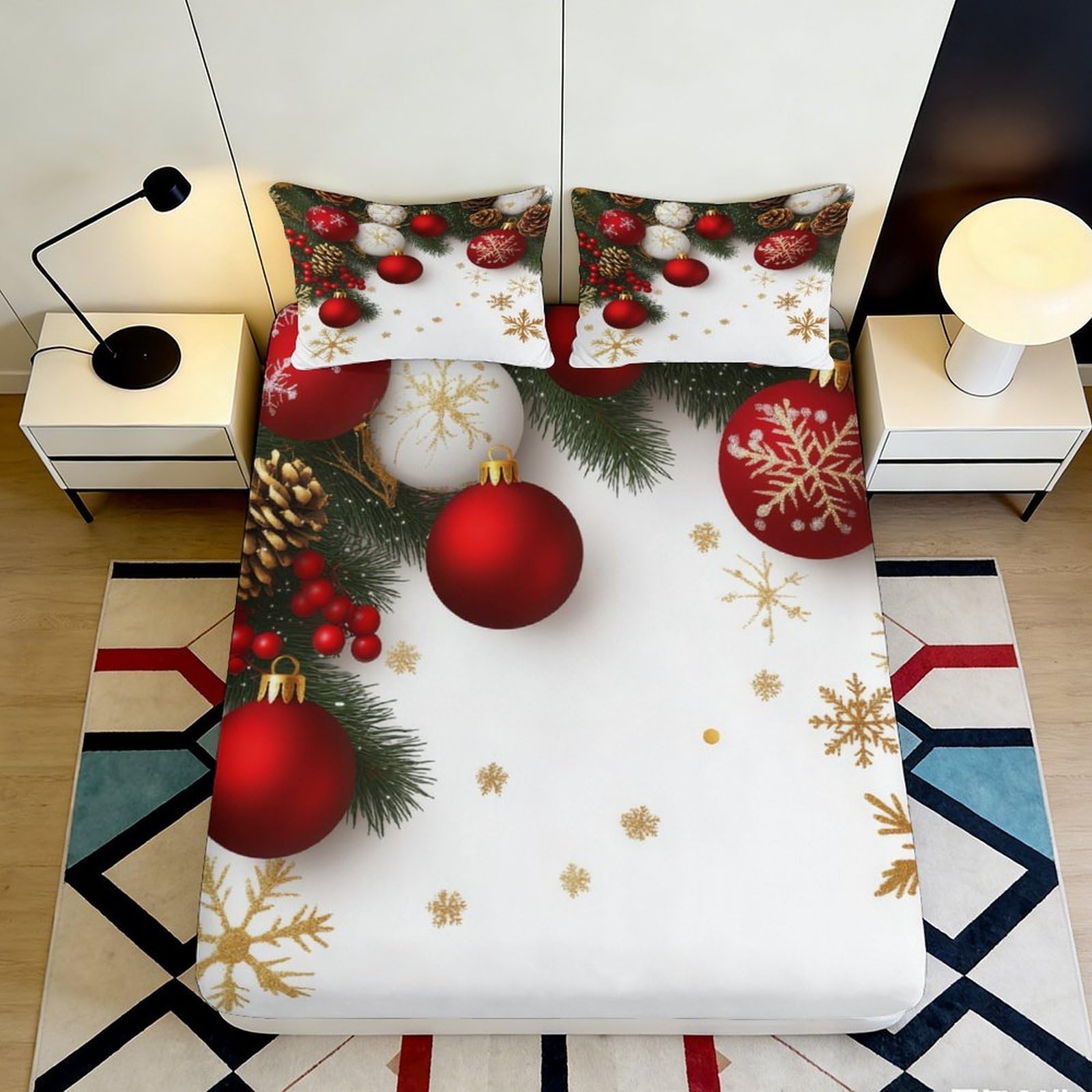 Pnayamiorkfel Style-3 3D Printed Christmas Ornament Fitted Sheet Microfiber Red Gold Snowflake Mattress Cover For Bedroom Guest Room Decor 90X200x25cm