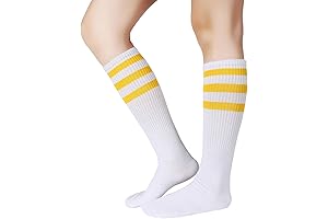 Retro Triple Stripe Over-the-Calf White and Yellow Striped Socks