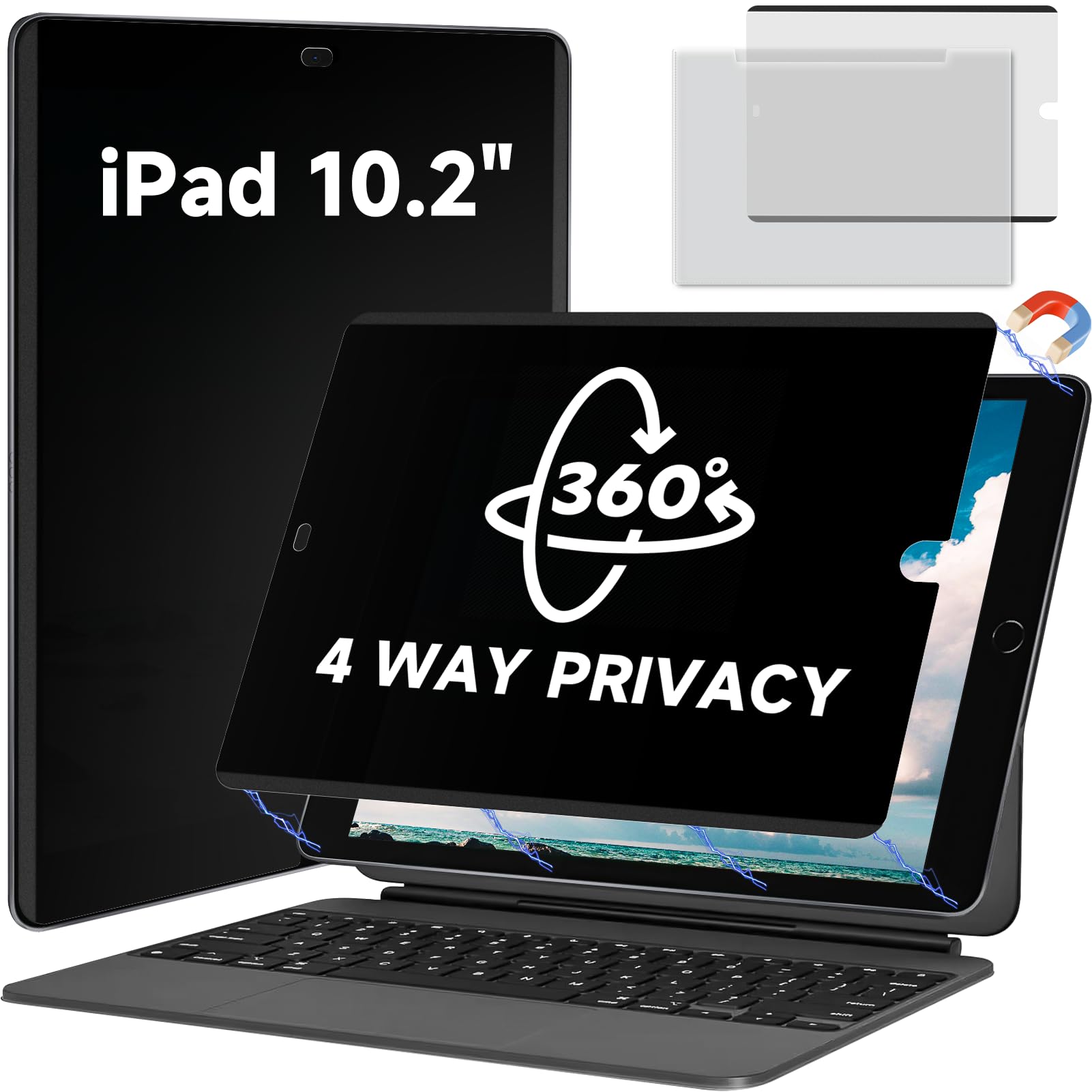 Magnetic 360° Privacy Screen Protector Compatible with iPad 9th 8th 7th Gen 10.2'' Anti Glare Blue Light Filter, Bubble-Free Shield, Fingerprint-Proof Guard, Reusable Anti-Scratch Film, Anti-Spy Cover