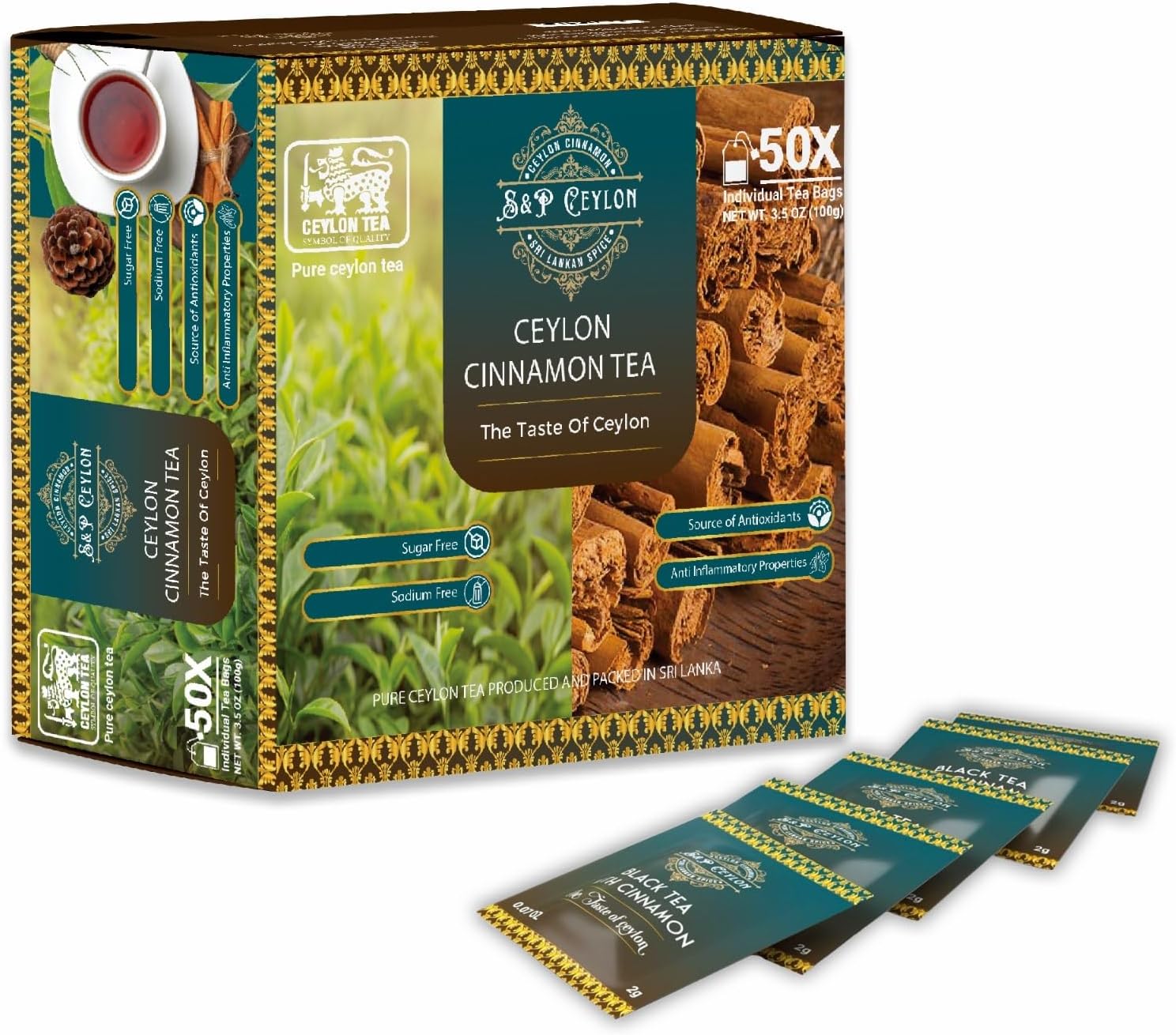 S & P Ceylon Cinnamon Black Tea - Exquisite Flavor and Aroma, Pure and Authentic, Natural Ceylon Cinnamon Powder with Black Tea (50 Tea Bags, No Artificial Flavors)