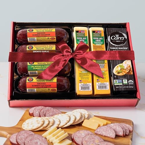 WISCONSIN'S BEST and WISCONSIN CHEESE COMPANY - Cesta de regalo definitiva de queso Mancave, salchichas y galletas, cuenta con 100% queso Wisconsin.