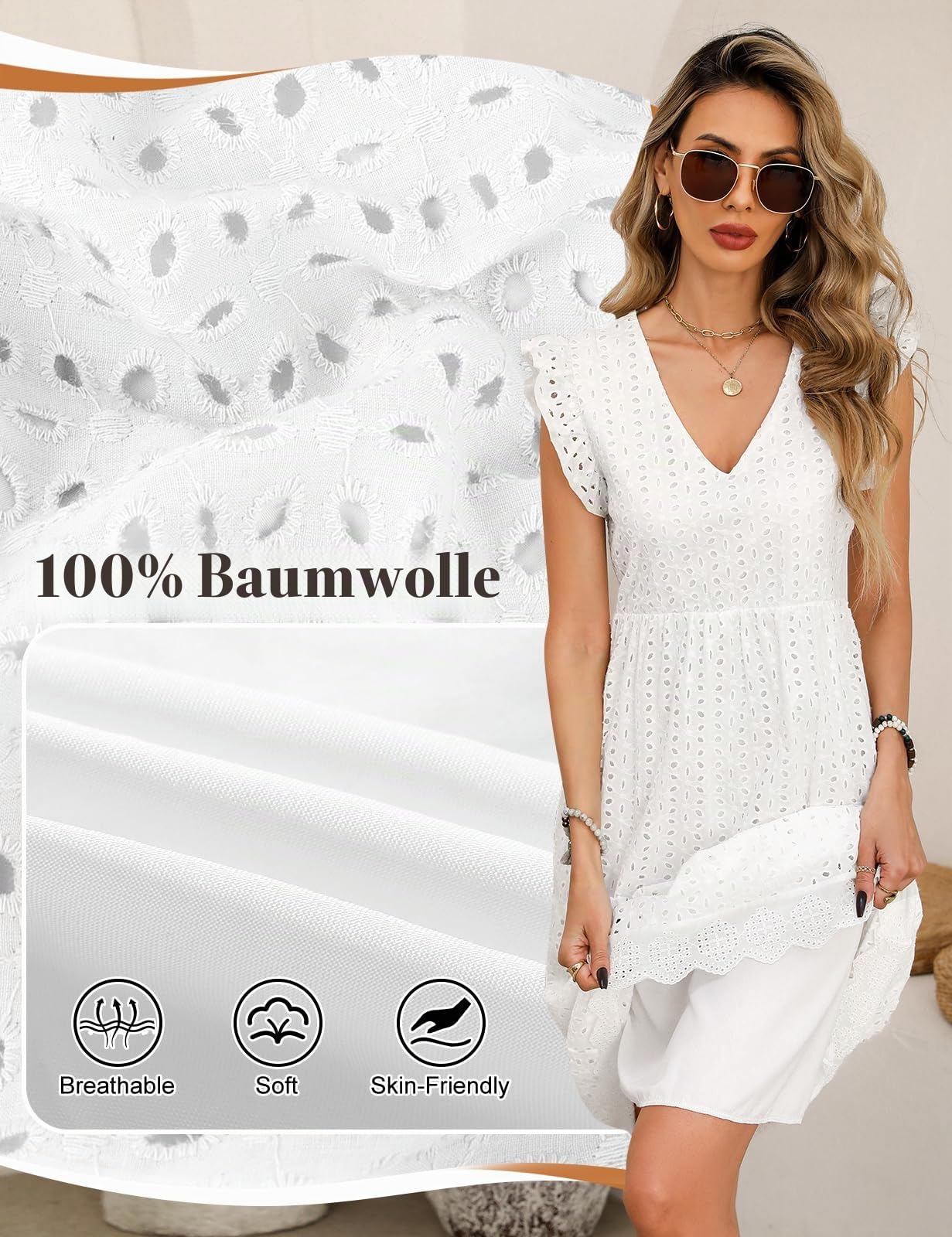 UMIPUBO Sommerkleid Damen V-Ausschnitt Ärmellos Midi Kleider mit Taschen Baumwolle Knielang Freizeitkleid Elegant Boho Strandkleid Frauen Casual