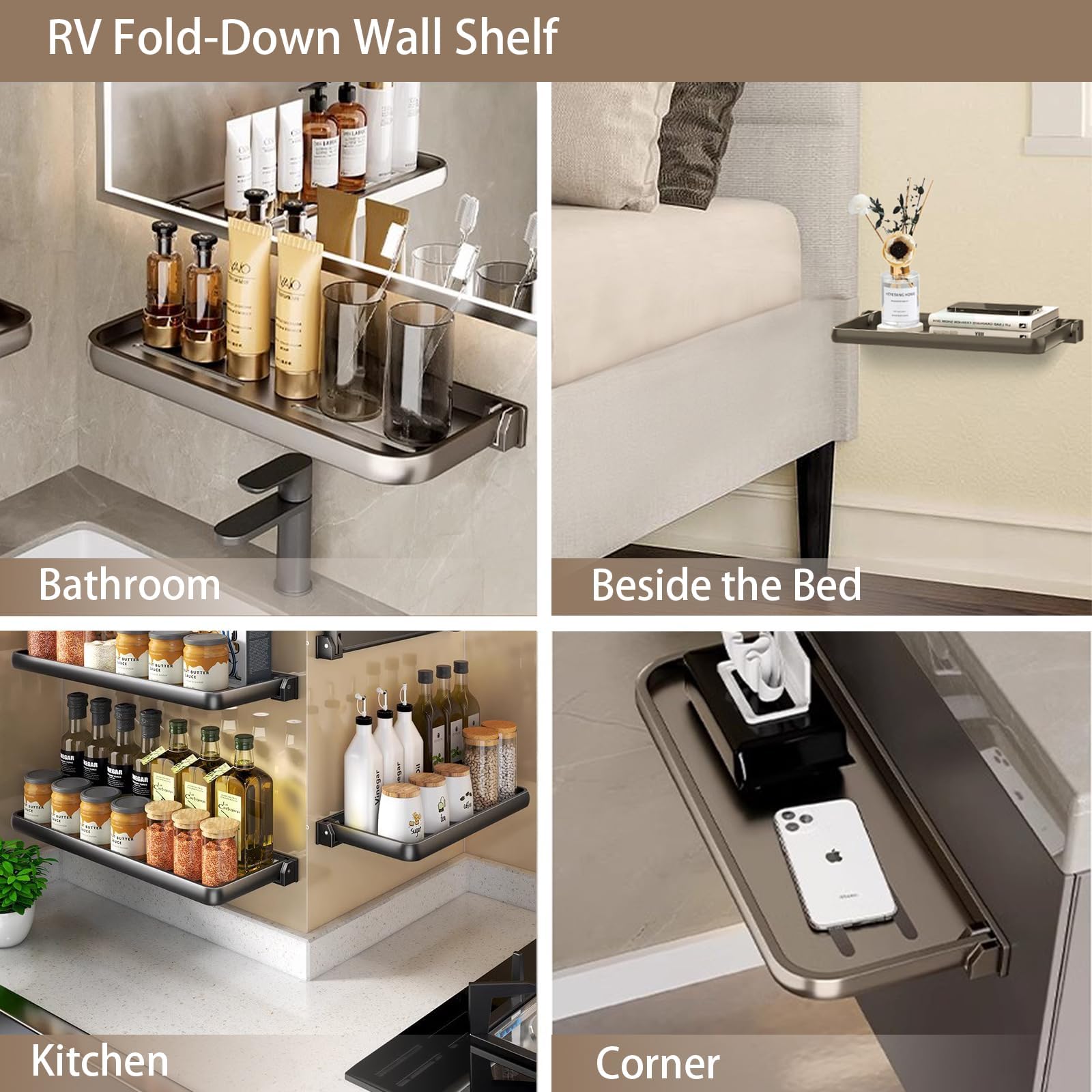 PoDhey 2Pcs RV Aluminum Foldable Shelf, Wall-Mounted RV Folding Shelf, Compact Fold - View #3