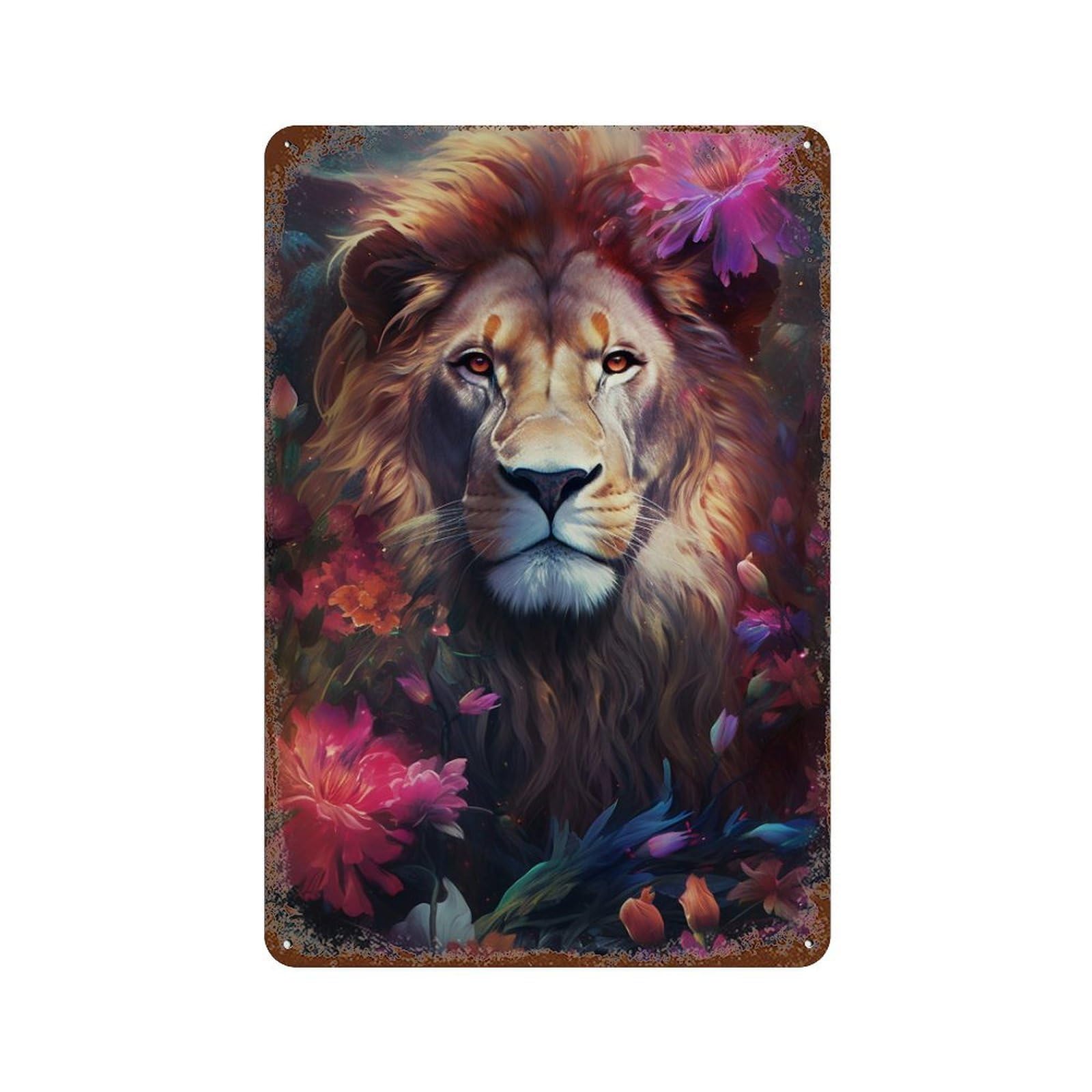 Fantasy Lion with Flowers Distressed Metal Wall Sign 11.8"x7.9", Shabby Chic Decor for Garage, Pub Or Kitchen