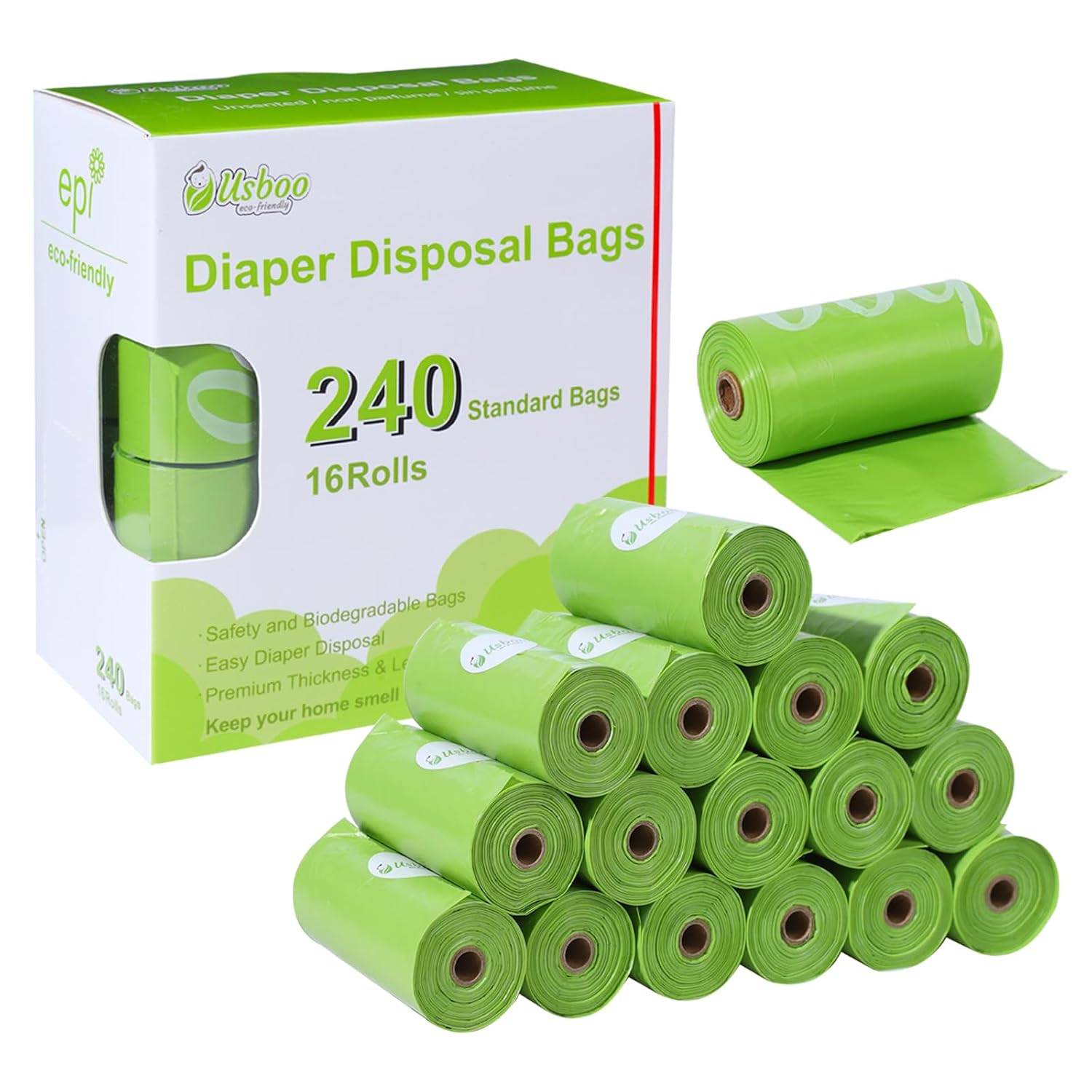 USBOO Biodegradable Disposable Diaper Bags, 16 Rolls / 240 Bags, Green