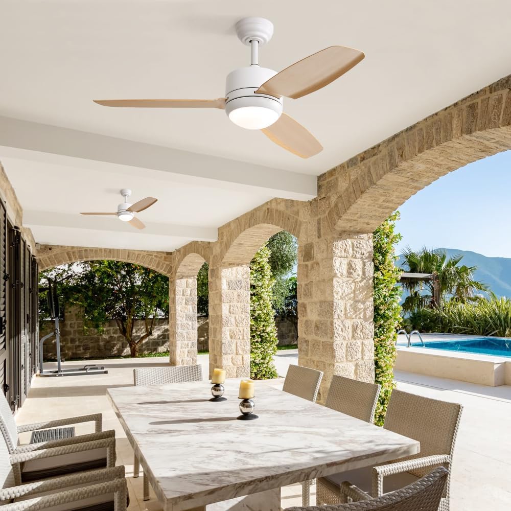 46 Inch Ceiling Fan with Lights 3 ABS Blades 6-speed DC Motor Remote Control for Bedroom (White + ABS-1)