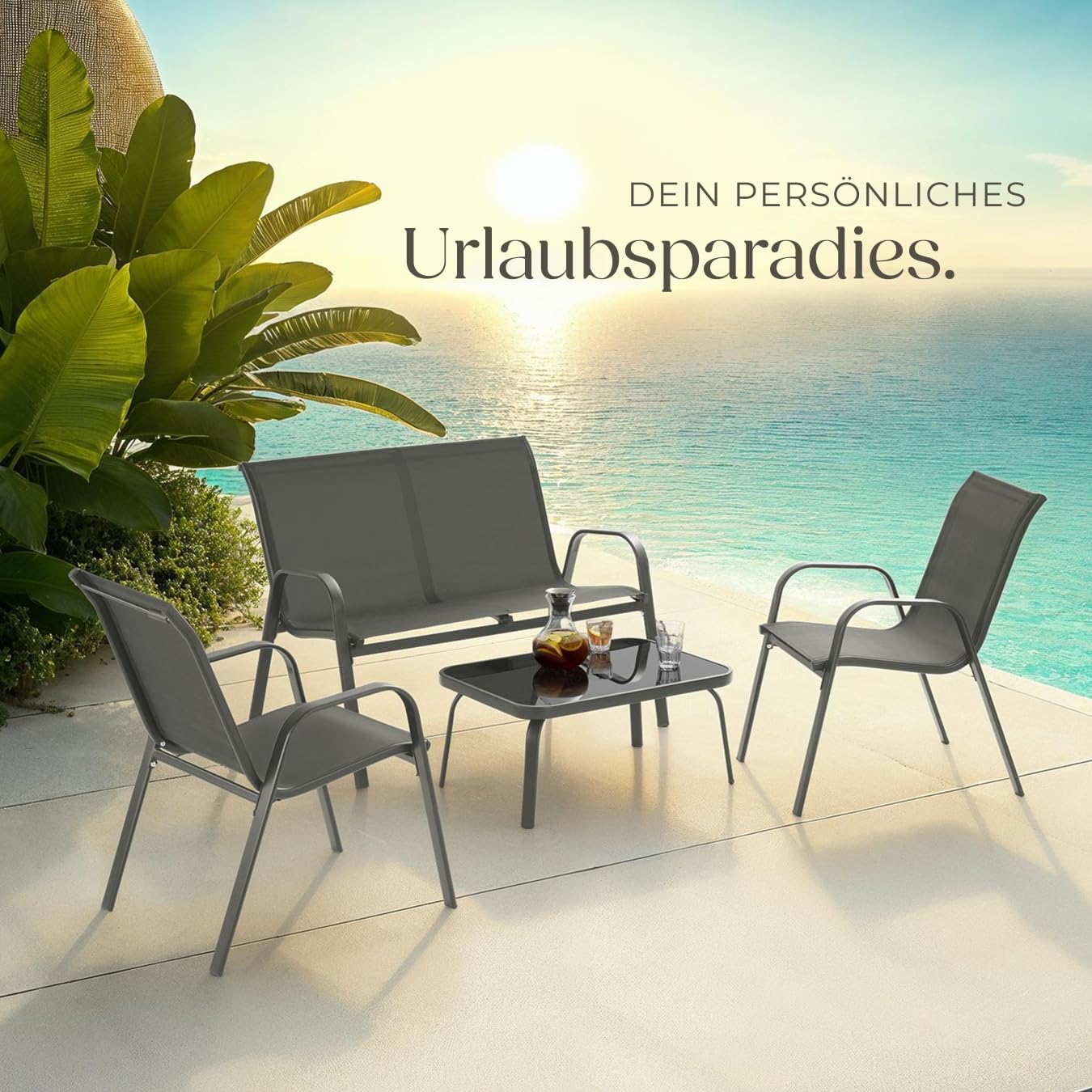tectake® Gartenmöbel Set für 4 Personen, Sitzecke Outdoor für Balkonmöbel Kleiner Balkon mit 2X Stuhl, 1x Gartentisch und 1x Gartenbank wetterfest, Lounge Möbel Outdoor - anthrazit