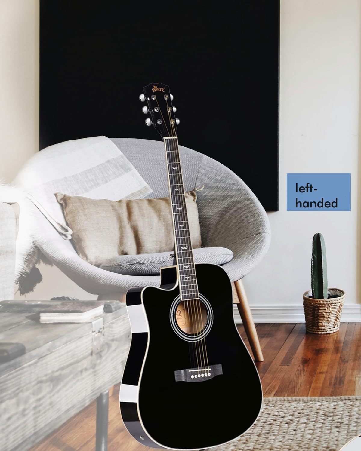 Winzz Guitare électro-acoustique folk 4/4 pour débutants et enfants à partir de 12 ans (gaucher noir)