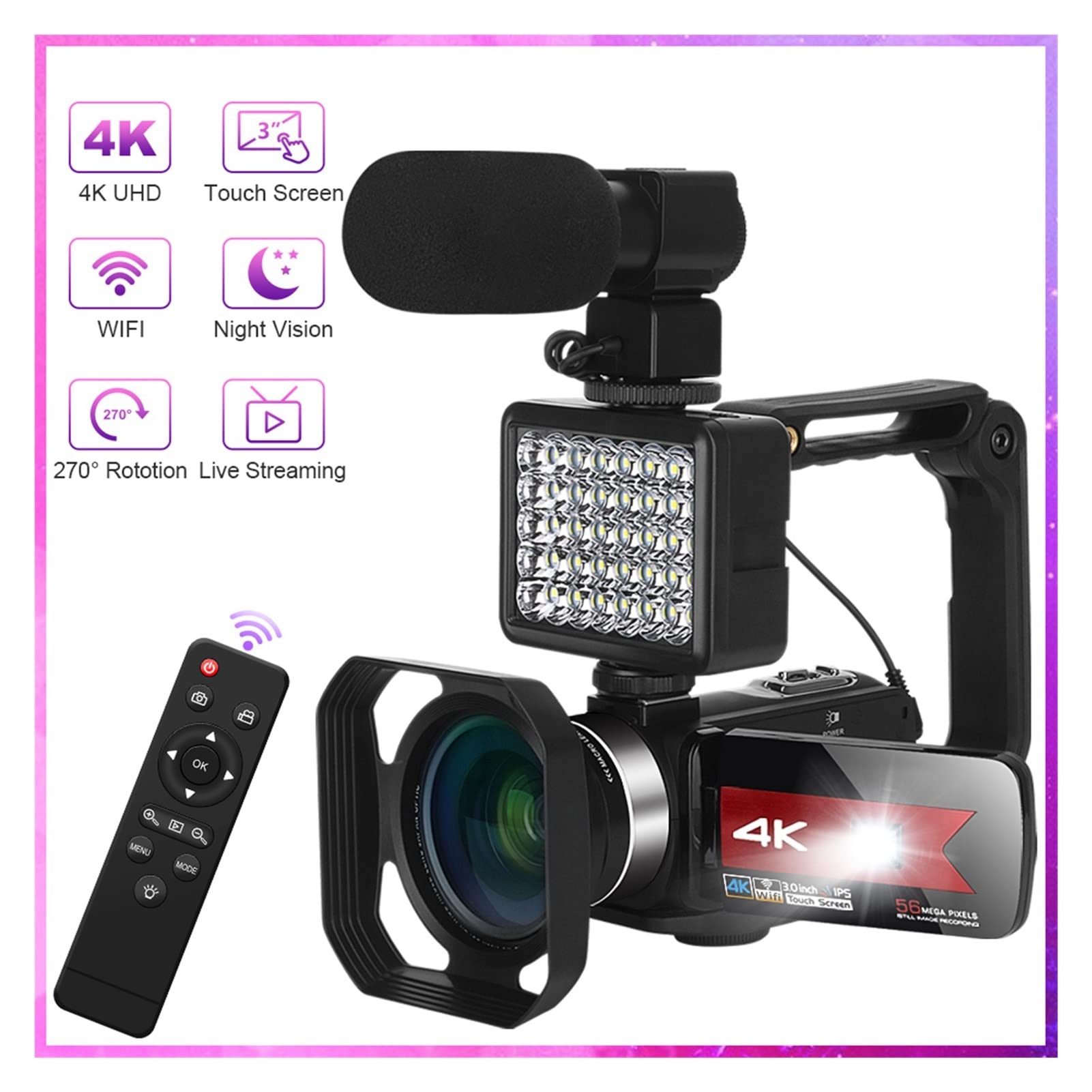 Videocamera, Vootographicina Vlogging 4K for la registrazione Vlog 5 6MP 3.0. Inch 16x Digital Zoom Ir. Camcorder for fotocamera digitale WiFi for visione notturna con microfono(128G SD card,Pink)