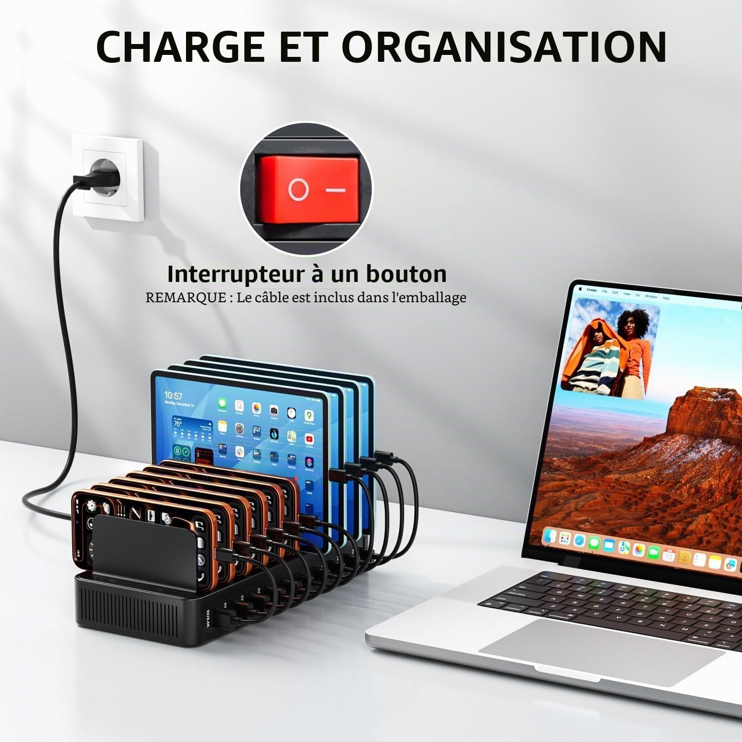 Station de Charge USB-C 100 W avec 10 Ports et 10 câbles de Charge, Chargeur Multiple avec séparateur Amovible réglable, Compatible avec iPhone/Samsung/Google/tablettes/appareils USB