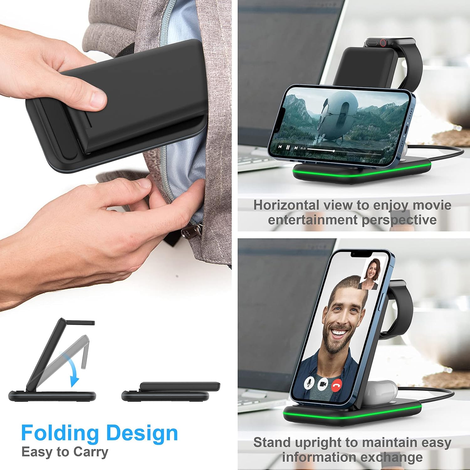 Wireless Charging Station, KIMILAR Foldable 3 in 1 Wireless Charger Stand for Apple iPhone 13 Pro Max/13 Pro/13/12 Pro Max/12 Pro/12/11 Pro Max/11 Pro/11/XR/XS/X, iWatch 7 6 SE 5 4 3, Airpods 3/2/Pro