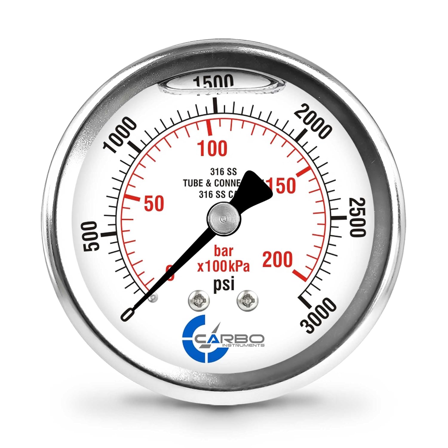 3000 PSI Liquid Filled Pressure Gauge, 2.5" Dial, 1/4 NPT Back Mount, 316 SS Case, 316 SS Wetted Parts, Dual Scale PSI/Bar - ASME B40.1 Grade A