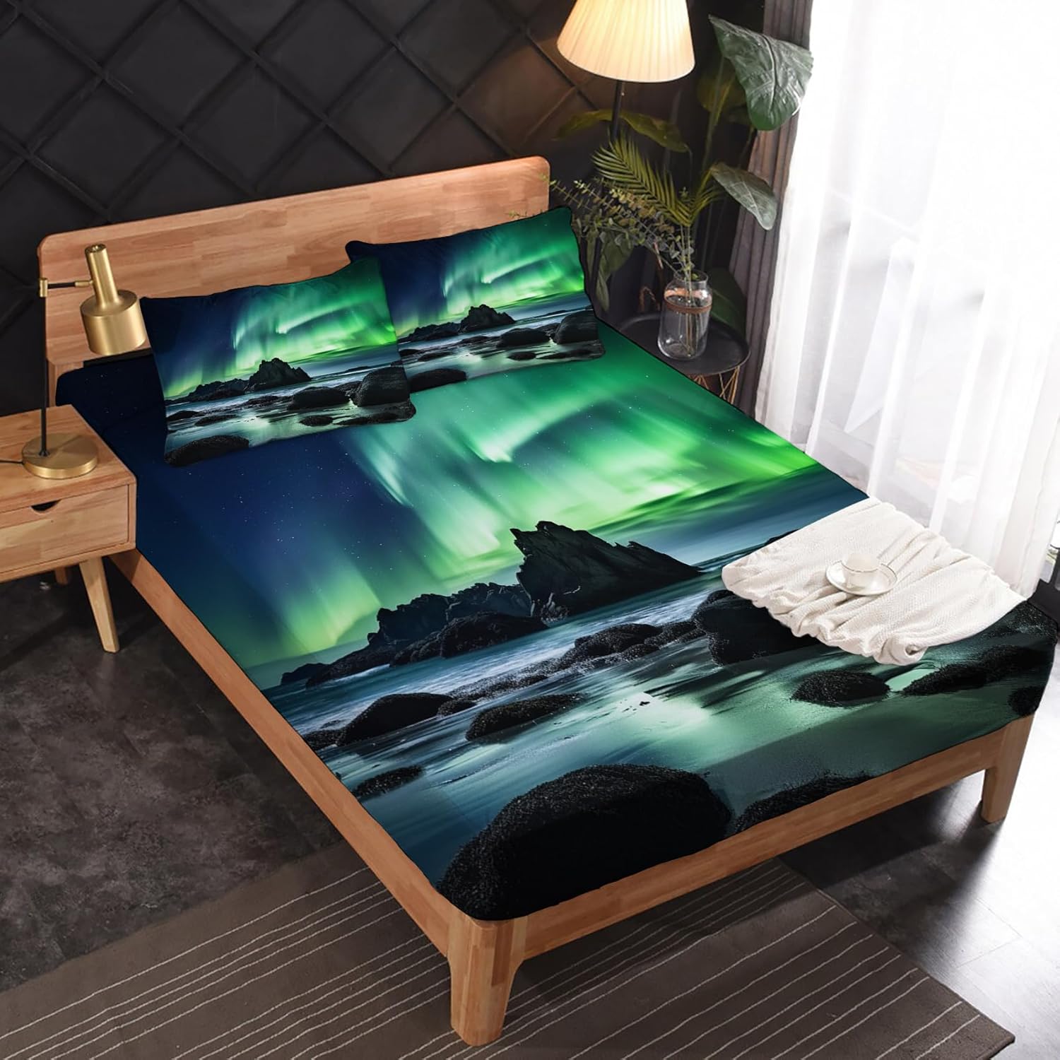 Generic Twin Sheets Set - Northern Lights Bed Sheets & Bedroom Decor, Aurora Borealis Sheet Set - Soft Breathable Microfiber Deep Pocket Patterned Bedding Sheets & Pillowcases