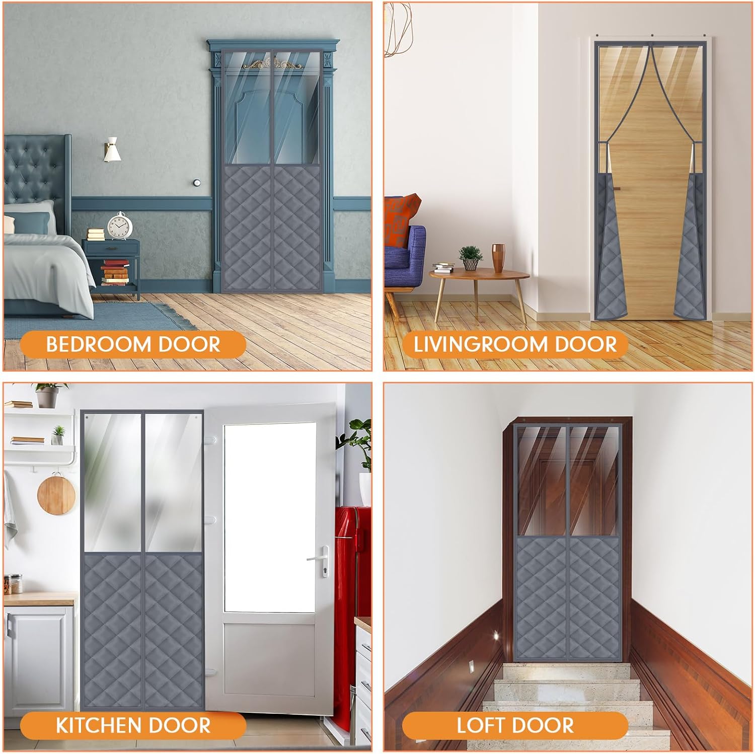 2 Sets Magnetic Thermal Insulated Curtains for 32" x 80" Doors with Clear Window Winter Thicken Quilted Oxford Cotton Waterproof Door Cover for Cold Weather(Grid, Transparent Gray)