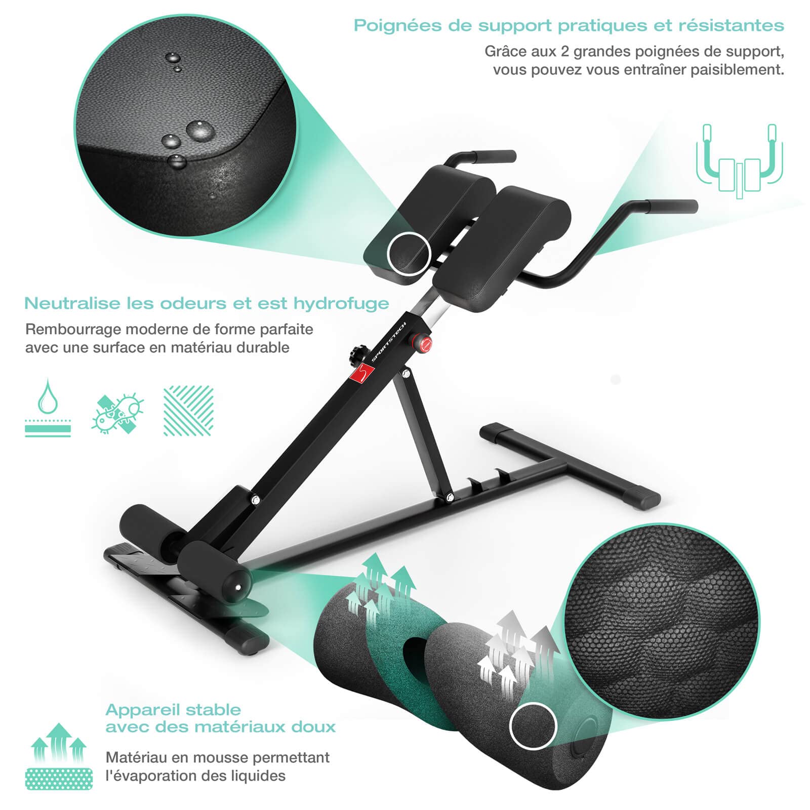 Sportstech BRT150 Entrenador de espalda y abdomen 6 en 1; ergonómico y ajustable; sistema único de bloqueo y fácil de plegar, diseño antideslizante, banco de pesas + fijación de piernas adaptable