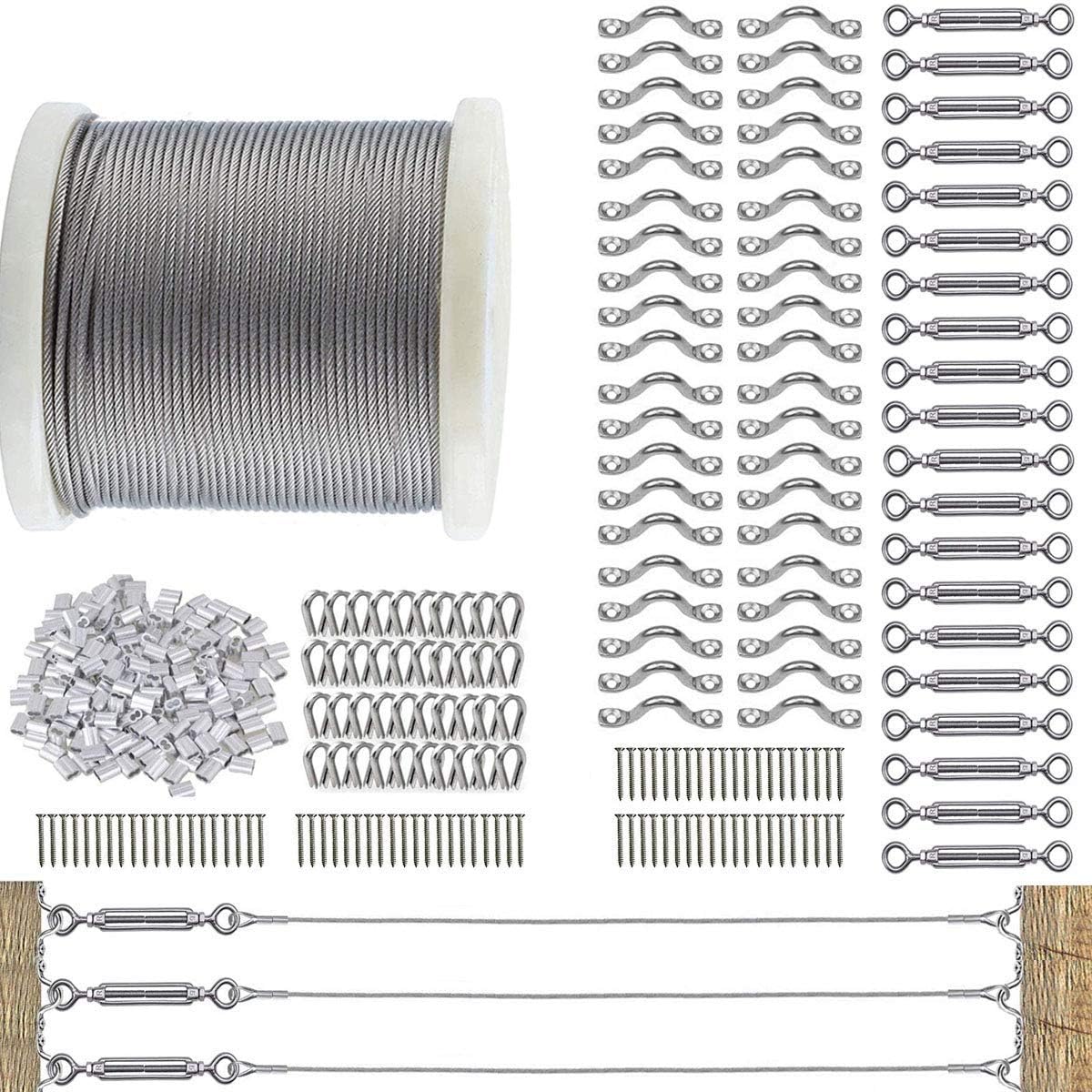 TooTaci 3mm Balustrade Wire Kit, 122M Stainless Steel Cable 7×7 Strands, with 20pcs M5 Turnbuckle Tensioner, 3mm Wire Rope Kits for Decking, Fence