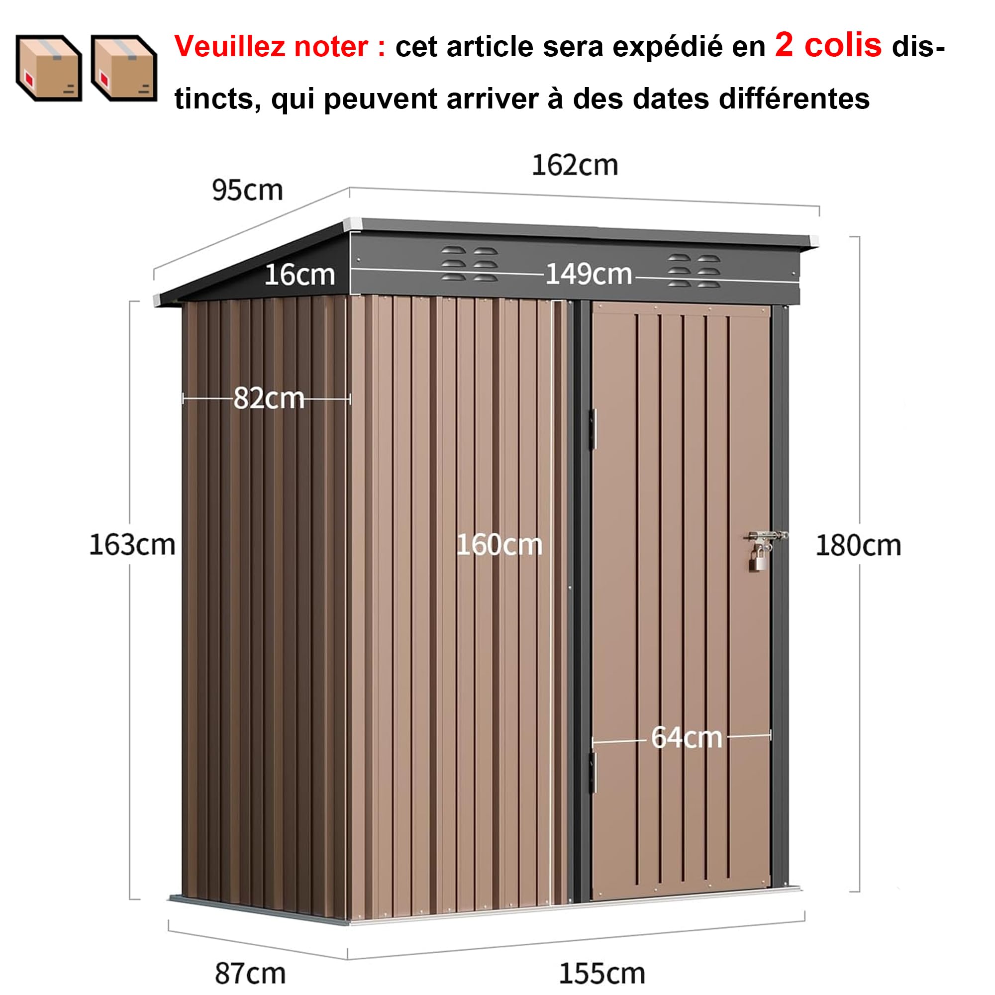 Bealife Cobertizo de jardín para Almacenamiento de Herramientas 180 x 162 x 95 cm, Caseta de Jardín, Cobertizo Exterior, Cobertizo de Almacenamiento Exterior, Cobertizo para Patio, césped (Marrón) - 3