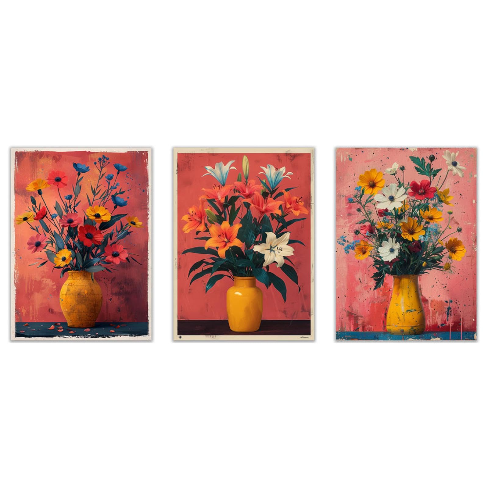 JOSUE 3 Piece Watercolor Wall Art Prints Retro Flowers Canvas Toilet Wall Art,Pink,yellow Prints Painting For Living Room Office Porch Stair Corner-20x30cmx3 Unframed