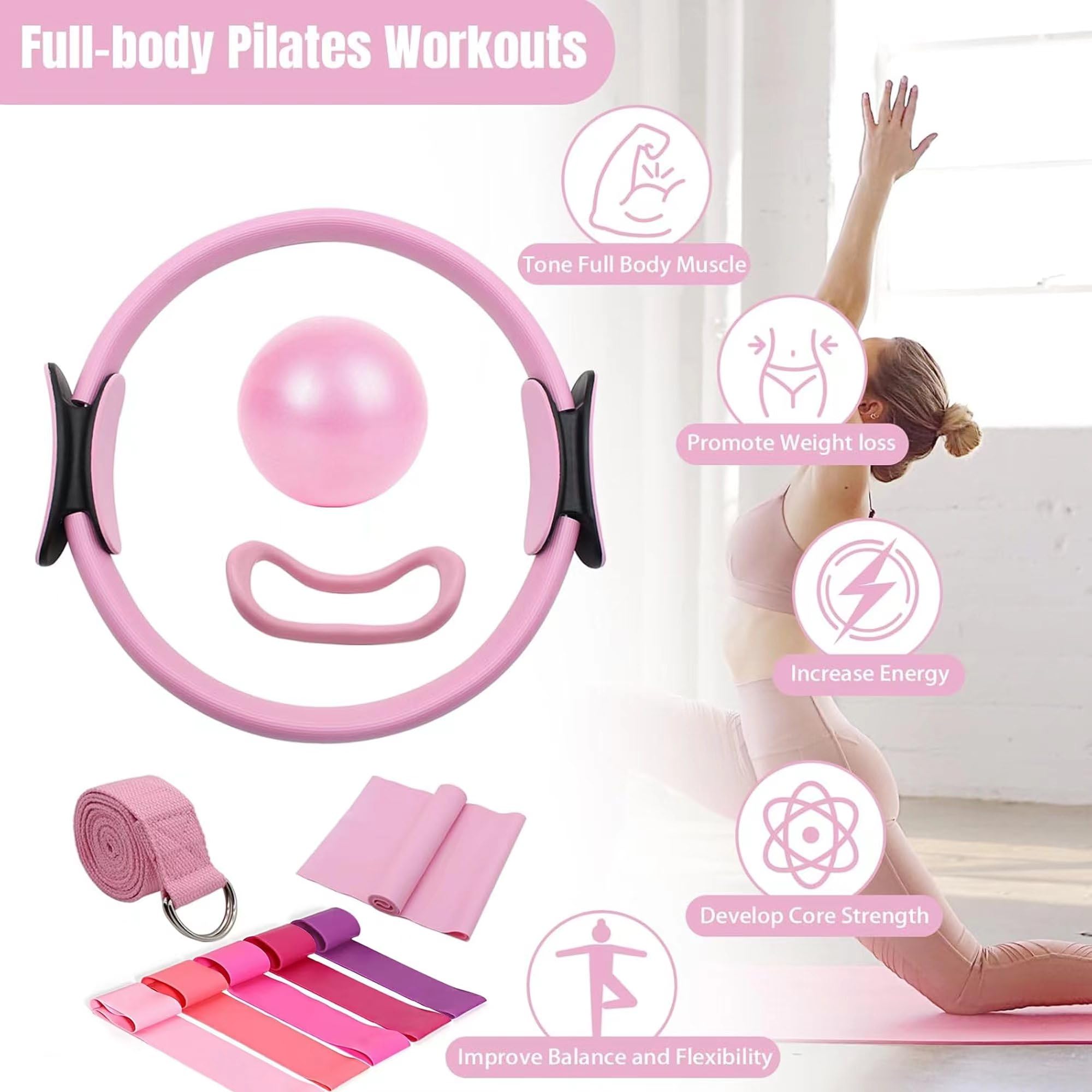 Jiahuade 10 Set di Anelli per Pilates,Anello per Pilates,Cerchia di Pilates, Anello Yoga Accessori,Pilates Essentials Kit,Kit di Anelli per Pilates,Mini Palla da Pilates e Fasce di Resistenza