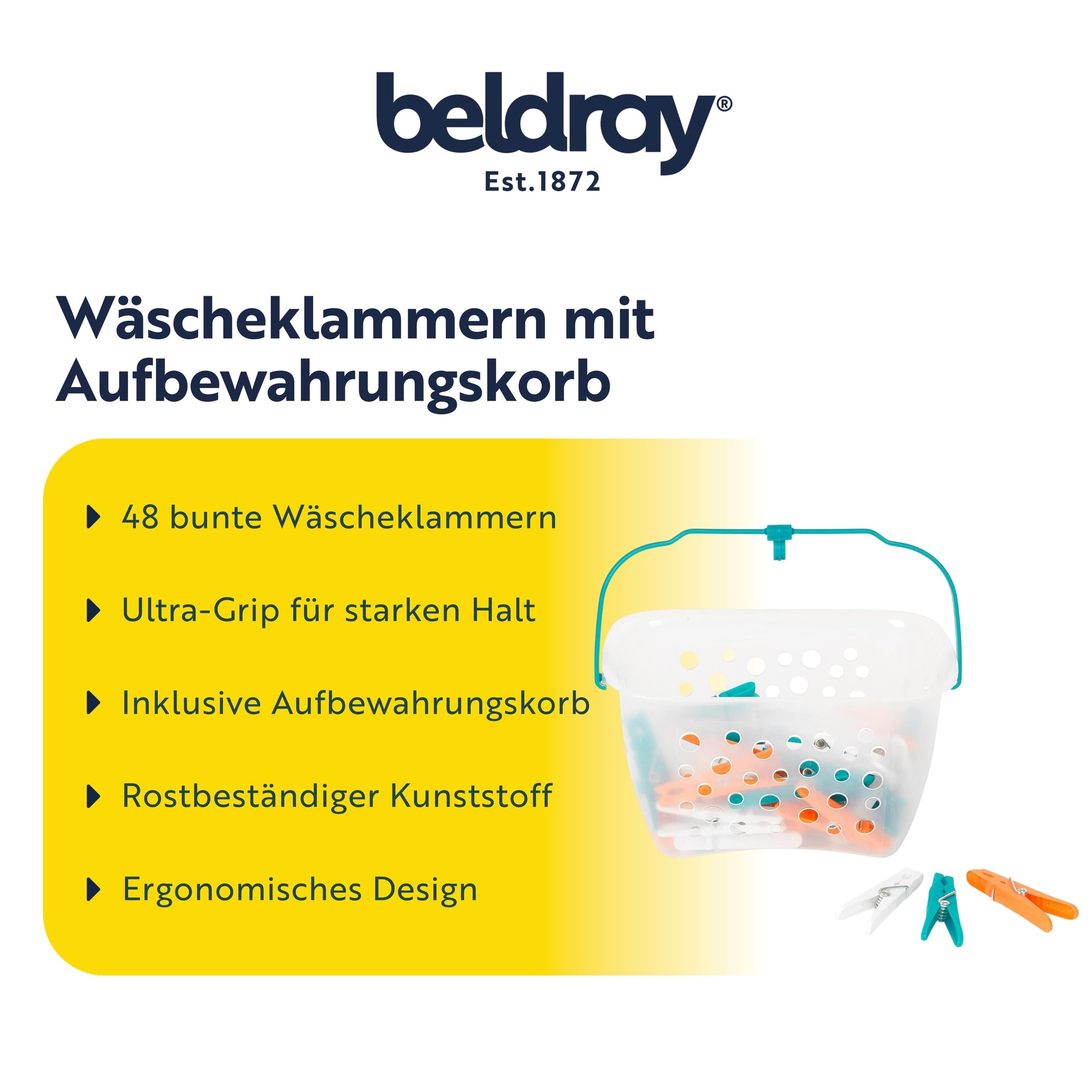 Beldray LA028297TQEU Ultra Grip 48 Stück Wäscheklammern mit Aufbewahrungskorb, Wäscheluft-Clips für Wäscheständer Wäschleine, winddichte Kleiderklammern, Mehrfarbig Kunststoff mit starkem Griff