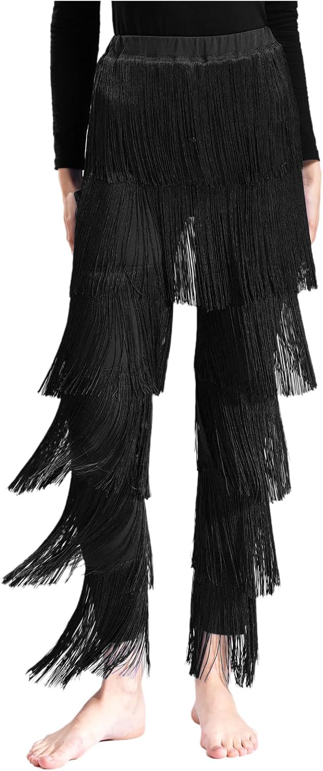 Women's Fringe Latin Dance Pants High Waisted Jazz Ballroom Dance Costumes Tassel Trousers