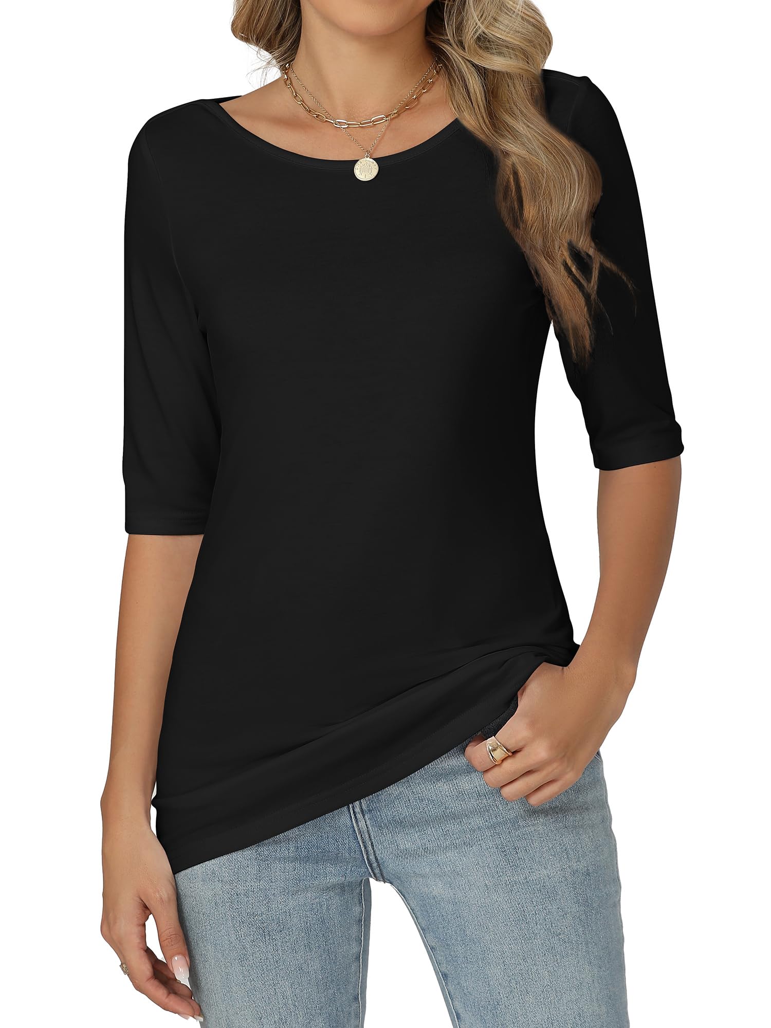 Famrrifuu Damen T-Shirt Halbarm Figurbetontes Oberteile mit U-Boot Ausschnitt Basic Stretch Einfarbige Shirts