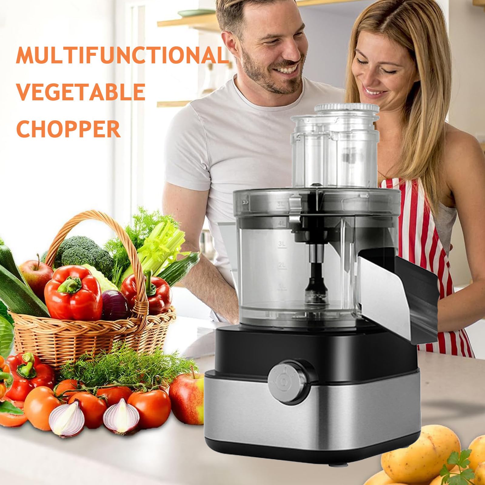 Picadora eléctrica de alimentos con cuenco de acero inoxidable y múltiples cuchillas para rebanar, cortar y triturar eficientemente en la preparación a granel