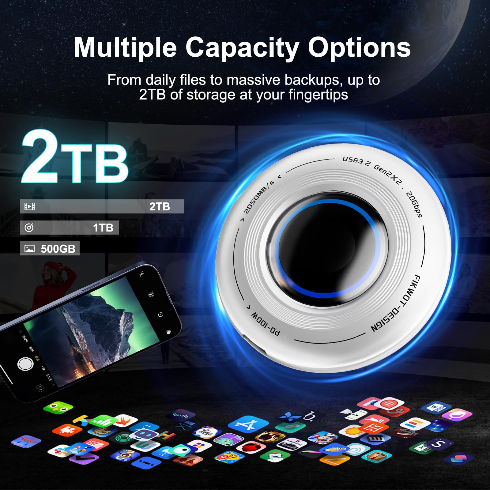 Fikwot FP108 2TB SSD esterno con PD-100 W e 2050 MB/s, USB 3.2 Gen2x2 con anello magnetico, riproduzione durante la ricarica, compatibile con iPhone 15/16, Steam Deck, Switch Lite e altro ancora!