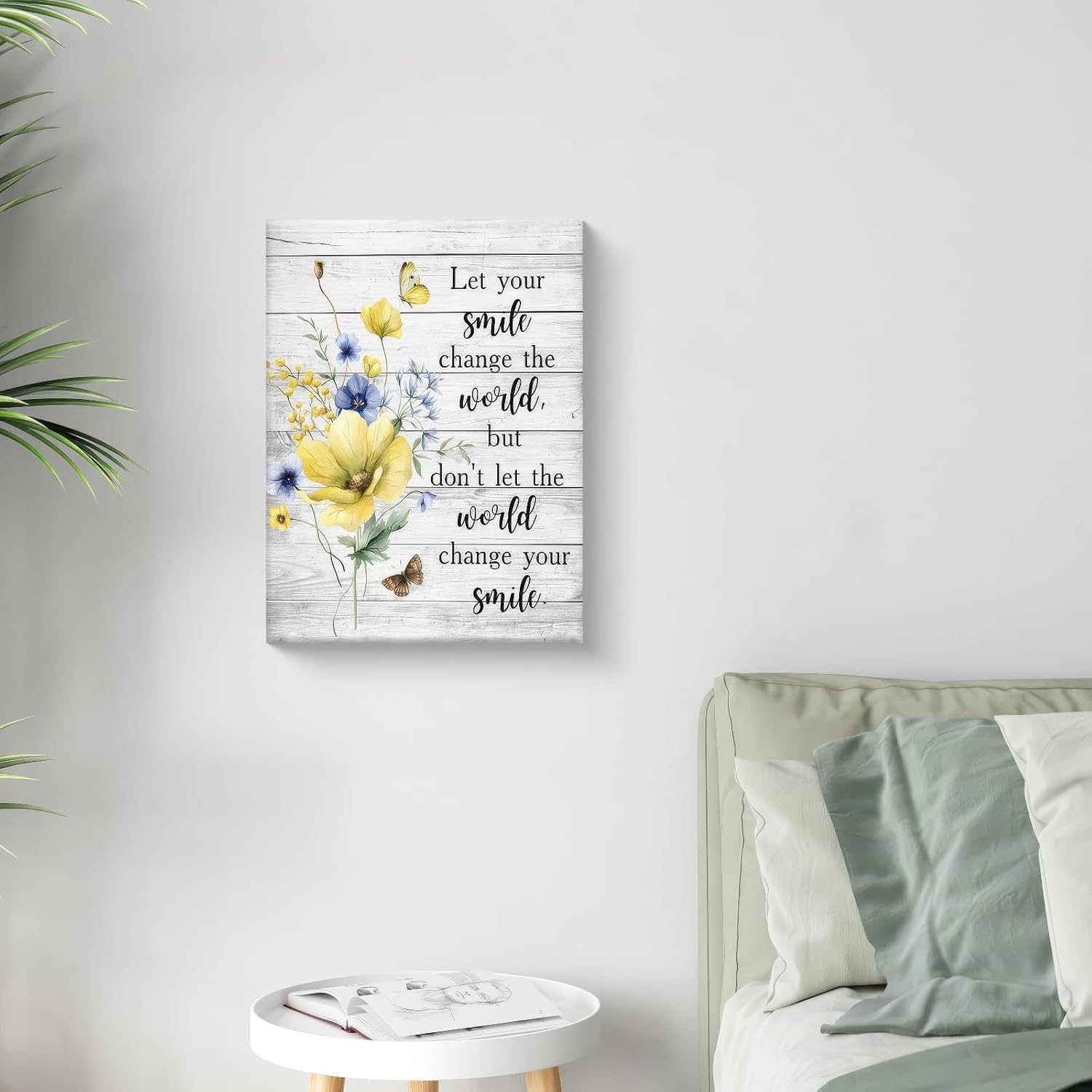 Framed Inspirational Floral Wall art pictures, Yellow and Blue Floral Canvas Painting Posters Prints for Living Room Bedroom Bathroom Office Motivational Wall Decor, Ready to Hang16x24Inch