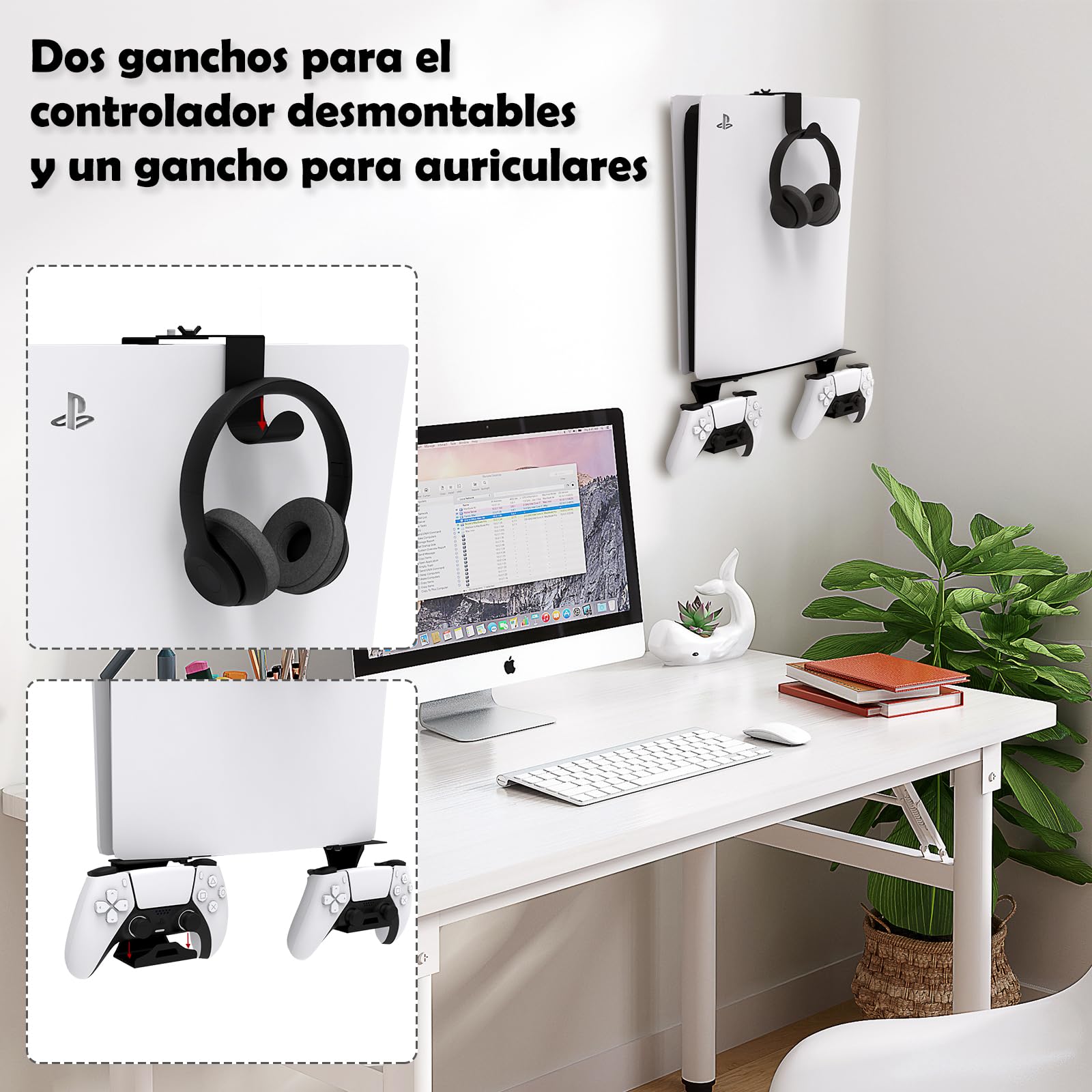 Soporte de Pared para PS5/PS5 Slim/PS5 Pro Soporte de Pared para Consola PS5/PS5 Slim con Soporte para Controlador y Soporte para Auriculares - Accesorios PS5 de Metal sólido - Negro