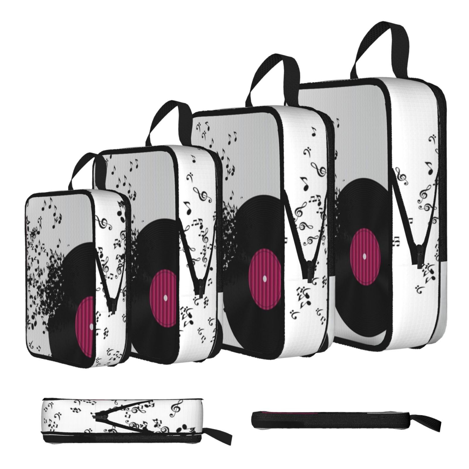 Esnaiuvcd Black Abstract Music Print 4 Set Compression Packing Cubes For Suitcases,Expandable Storage Bags Organizers