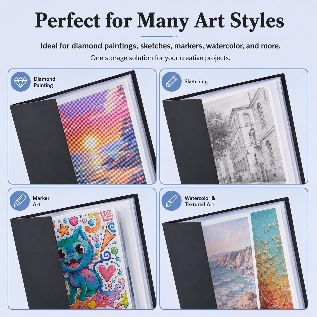 MOTEERLLU Libro de almacenamiento A2 adecuado para pinturas de diamantes de 22 x 15 pulgadas, contenedor de almacenamiento con 30 fundas de bolsillo, carpeta de cartera para obras de arte (amarillo)