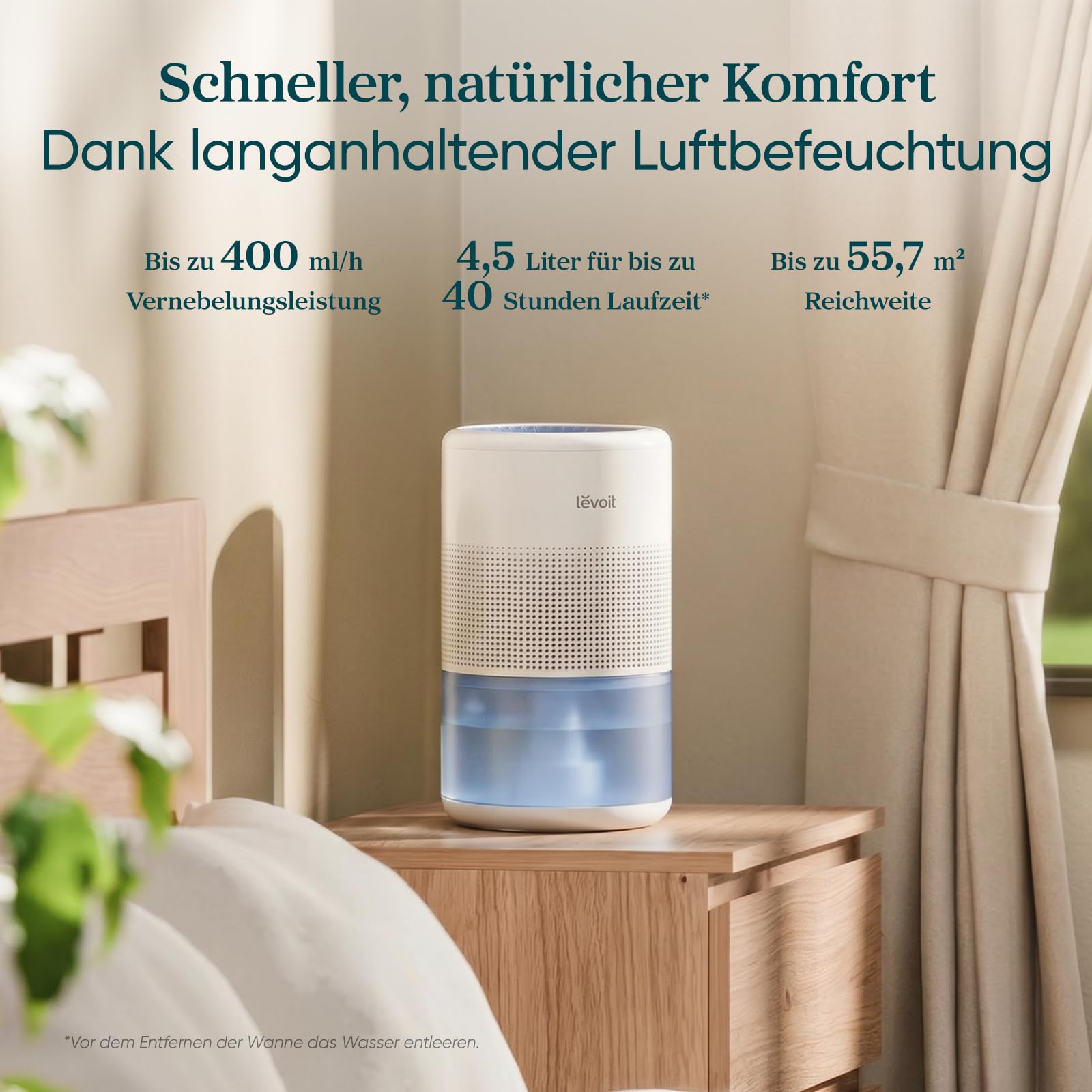 Levoit Smart Luftbefeuchter, ab 19 dB Verdunster, kein weißer Staub, 4,5L | bis 55,7 m² für Schlafzimmer&Große Räume, Selbstreinigung und Spülmaschinenfest, Schimmelresistente & Langlebiger Filter