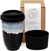 Nova Ceramics 12oz Monsoon Ceramic Travel Coffee Mug - Microwave Dishwasher Safe Tumbler with Lid, Unique Glaze Design