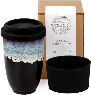 Nova Ceramics 12oz Monsoon Ceramic Travel Coffee Mug - Microwave Dishwasher Safe Tumbler with Lid, Unique Glaze Design