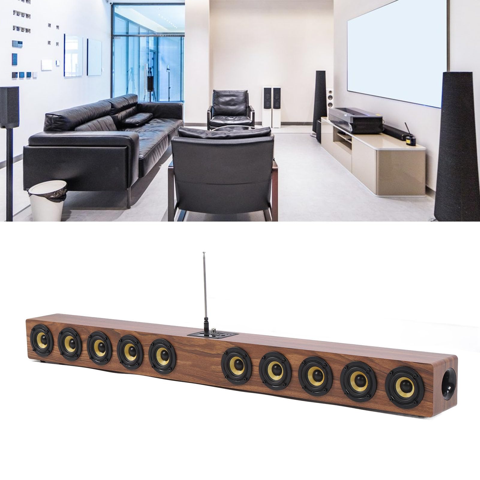 Barre de Son sans Fil, Son Surround HiFi 360°, Haut-parleurs D'ordinateur en Bois avec Bluetooth 5.3, Connexion USB AUX, 50 W, 88 Cm, Barre de Son Home Cinéma pour Téléviseur, PC