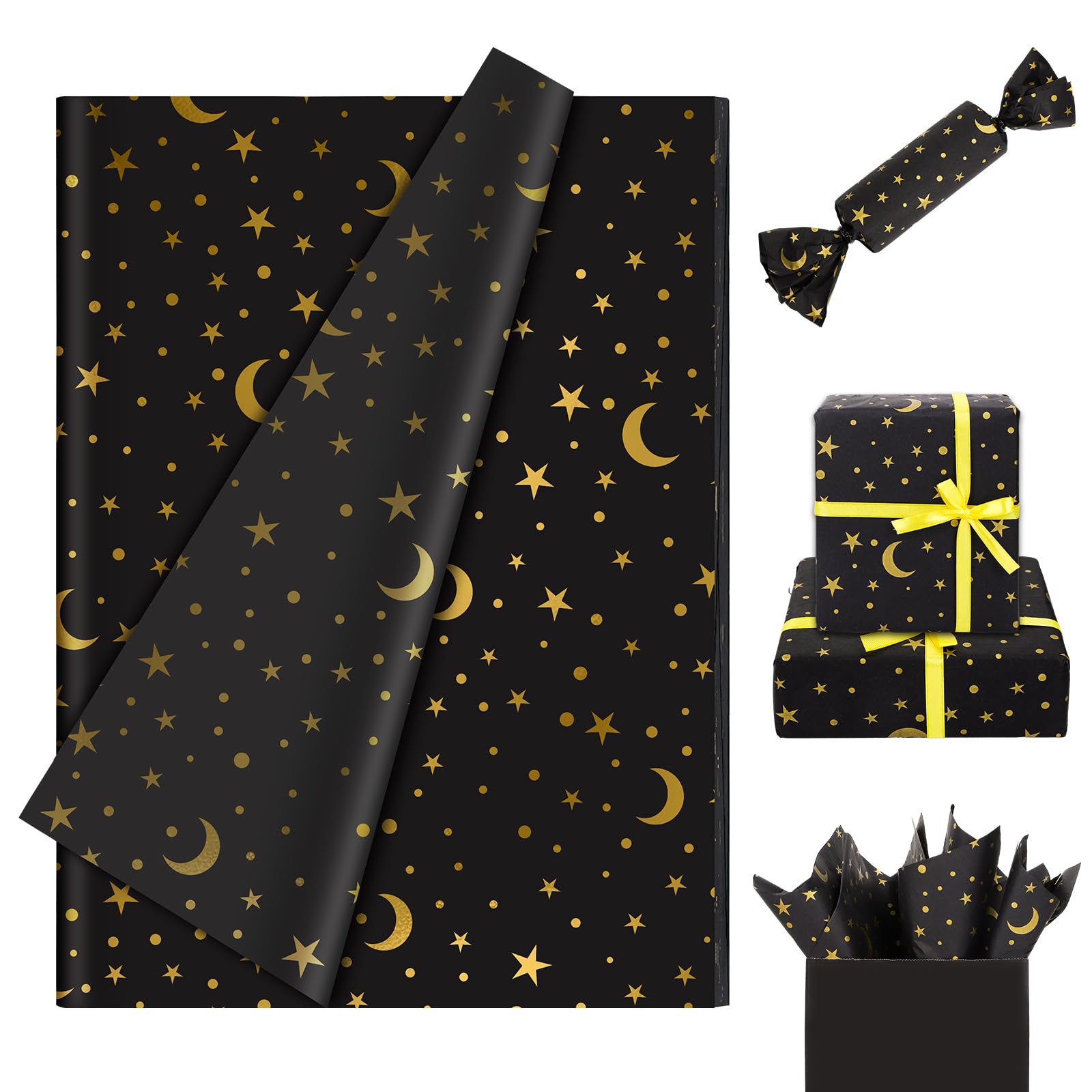 Whaline 100 Sheets Galaxy Tissue Paper Gold Foil Moon Star Gift Wrapping Paper Starry Night DIY Art Craft Paper for Wedding Birthday Baby Shower Party