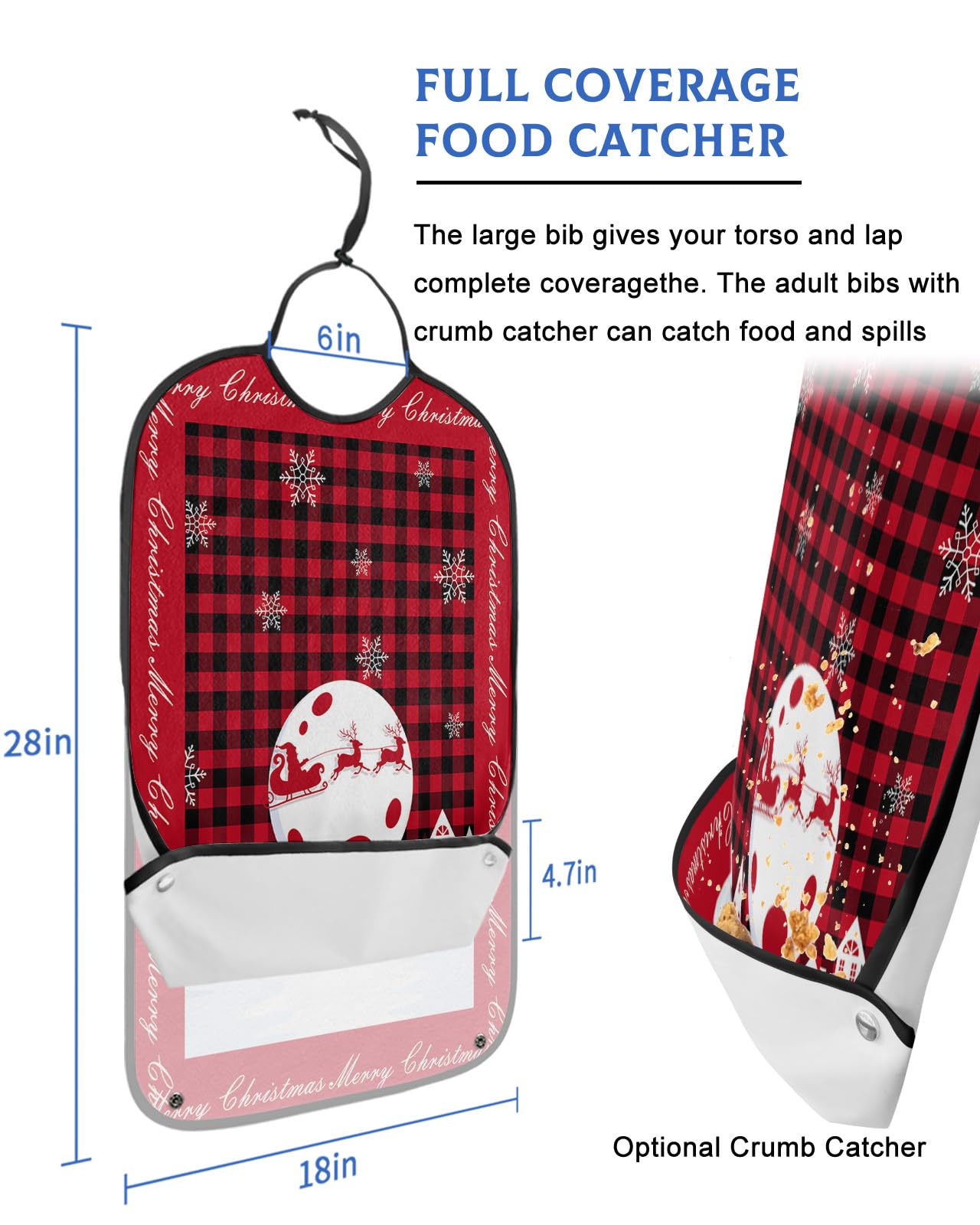 LEOKOTI Christmas Snowflake Adult Bibs for Eating, Waterproof Bibs with Food Catcher & Adjustable Snap Closure, Red Black Plaid Santa Elk Washable Clothing Protectors Adult Bibs for Elderly Women/Men