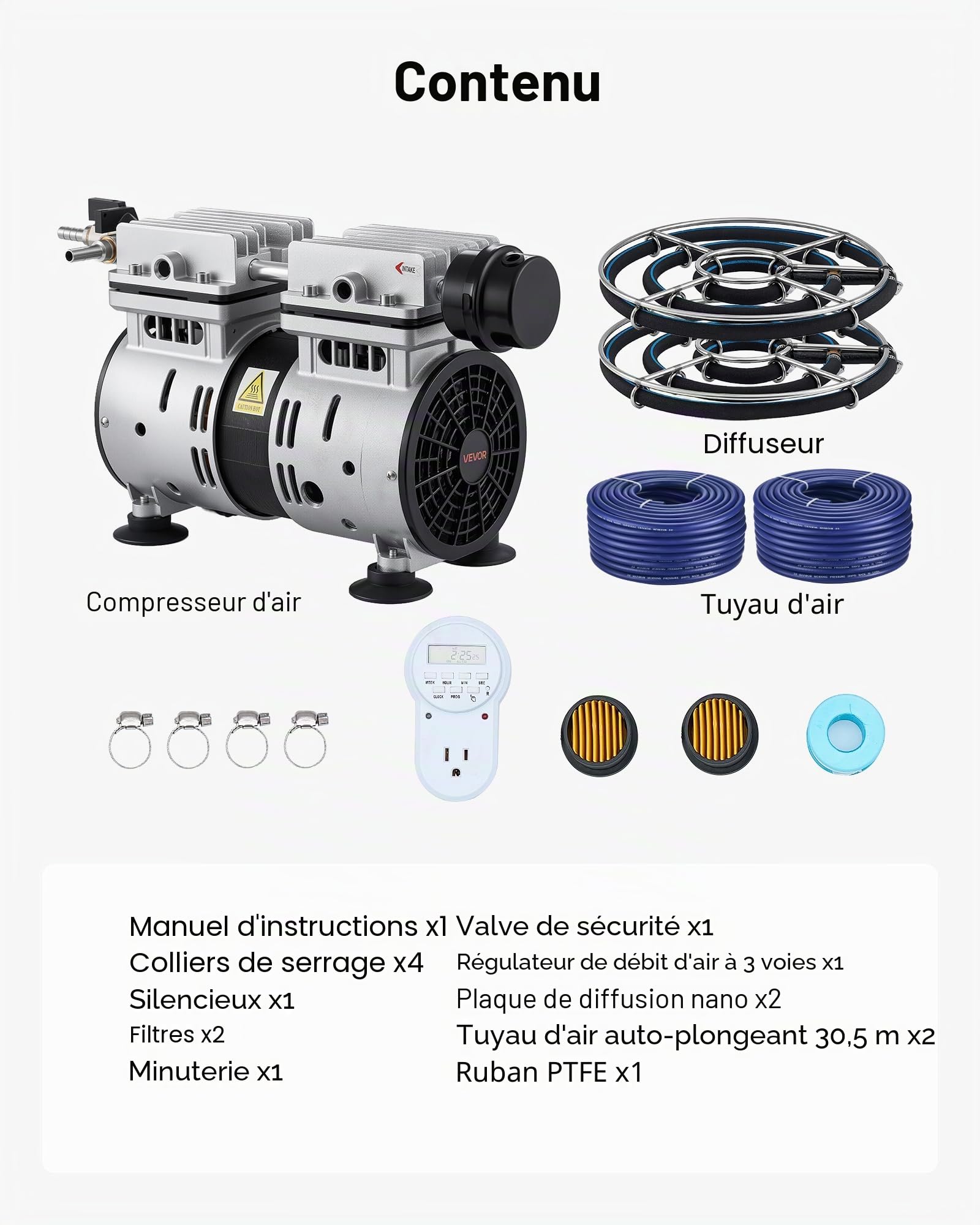 VEVOR Aérateur de Bassin 590 W Système d'Aération Lac de 1,2 hectare Pompe à Air Étang Extérieure pour Circulation Oxygène en Eau Profonde, avec Compresseur Air, 2 Diffuseurs, 2 Tuyaux Lestés 30,5 m
