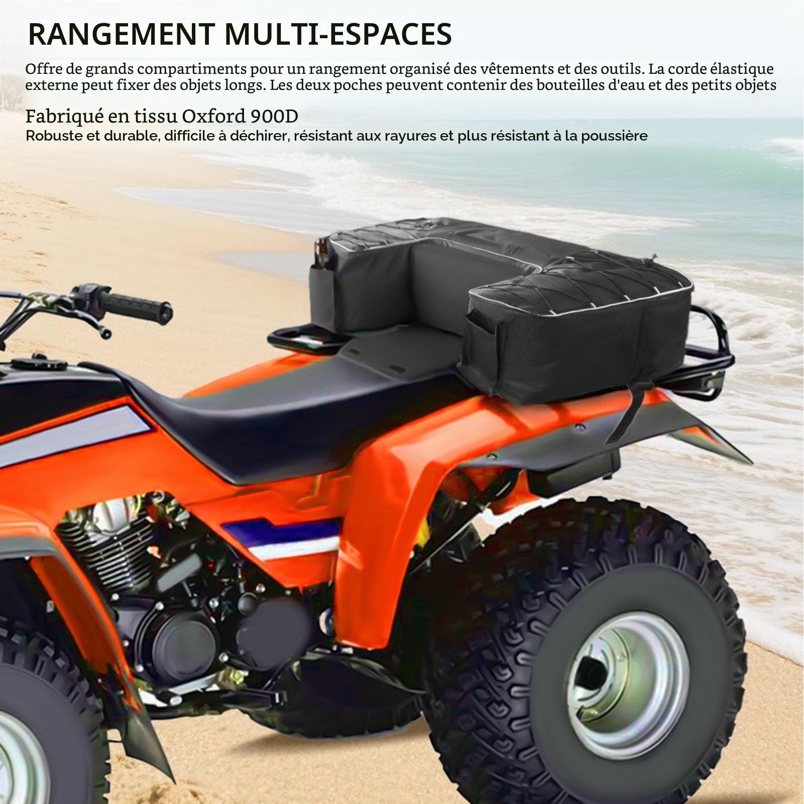 Asixxsix Sac de Rangement pour Quad, 50 L, en Tissu Oxford 900D, avec Plusieurs Compartiments, Compatible avec la Plupart des quads équipés d'un Porte Bagages arrière.