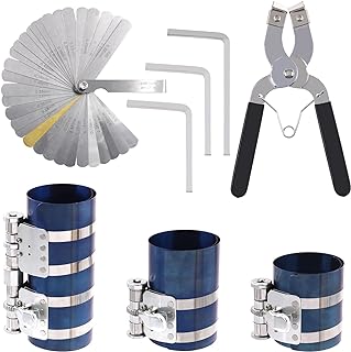 Tanstic 8Pcs Piston Ring Compressor Tool and Stainless Steel Feeler Gauge Set including 3" 4" 6" Piston Ring Compressor with Wrench and Piston Ring Pliers